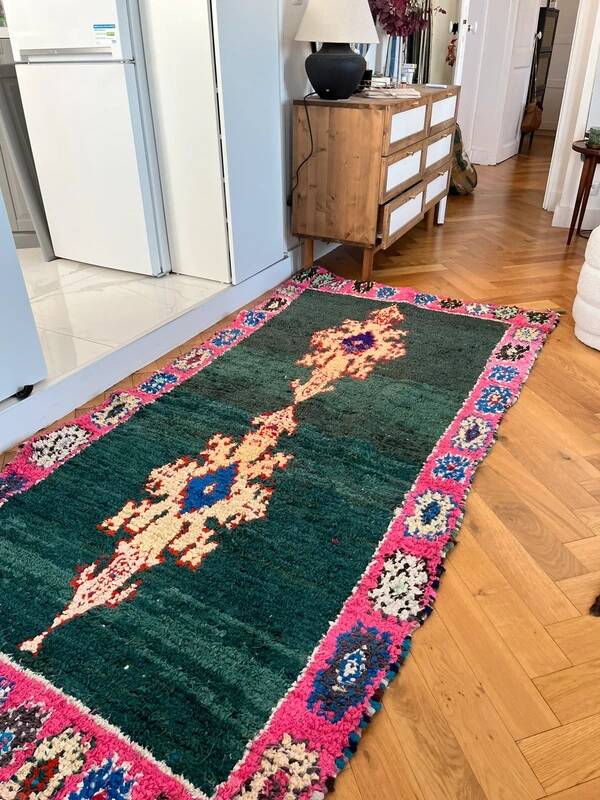 Berber boucharouite rug in emerald green