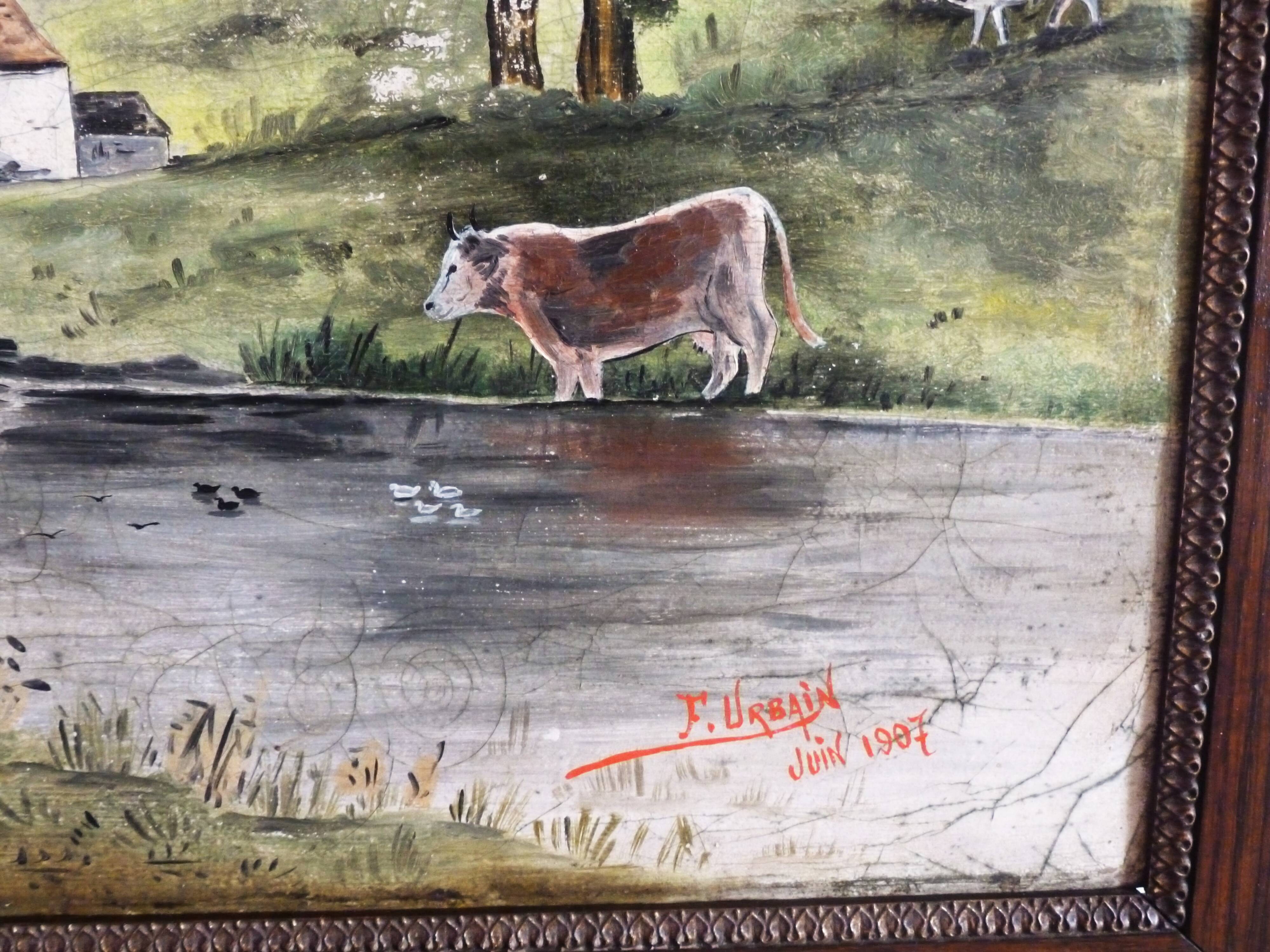 Antique oil painting, vintage bucolic countryside painting.