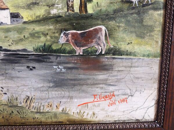 Peinture tableau à l'huile ancien, peinture buccolique vintage de campagne.