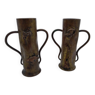 Vases attributed to Auguste Klein. Toad and bee. Monkey and figure. 1900.
