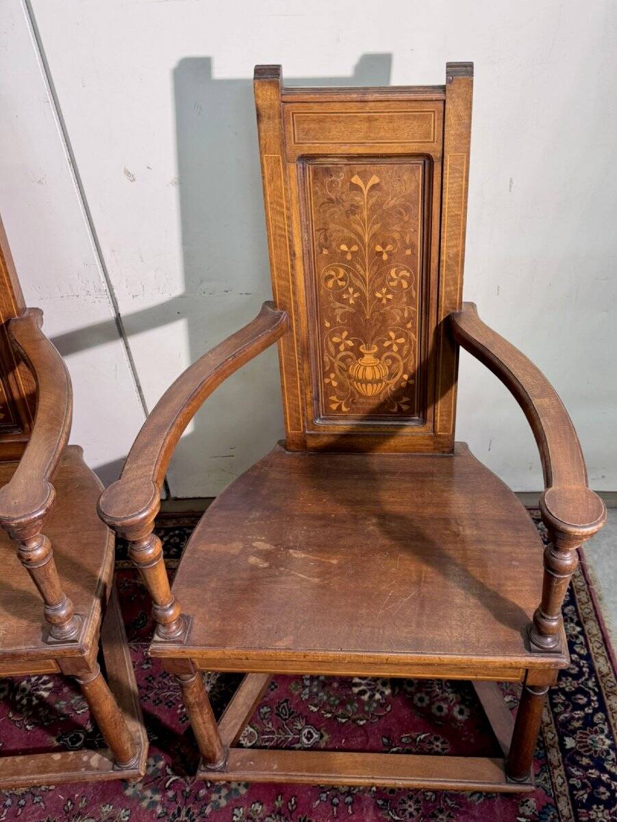 Pair of Renaissance style armchairs in walnut and marquetry.