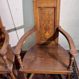 Pair of Renaissance style armchairs in walnut and marquetry.