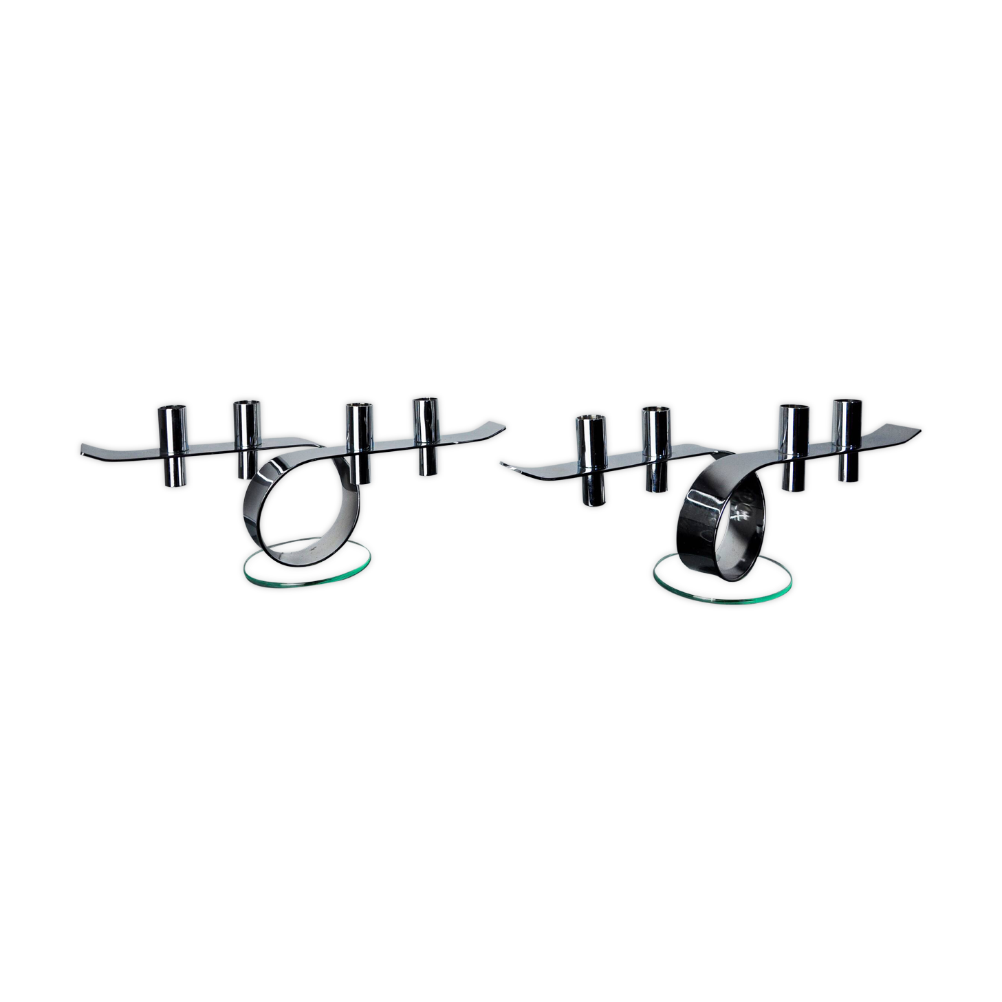 Pair of space-age 4-flame candlesticks, glass and metal, Germany, 1980