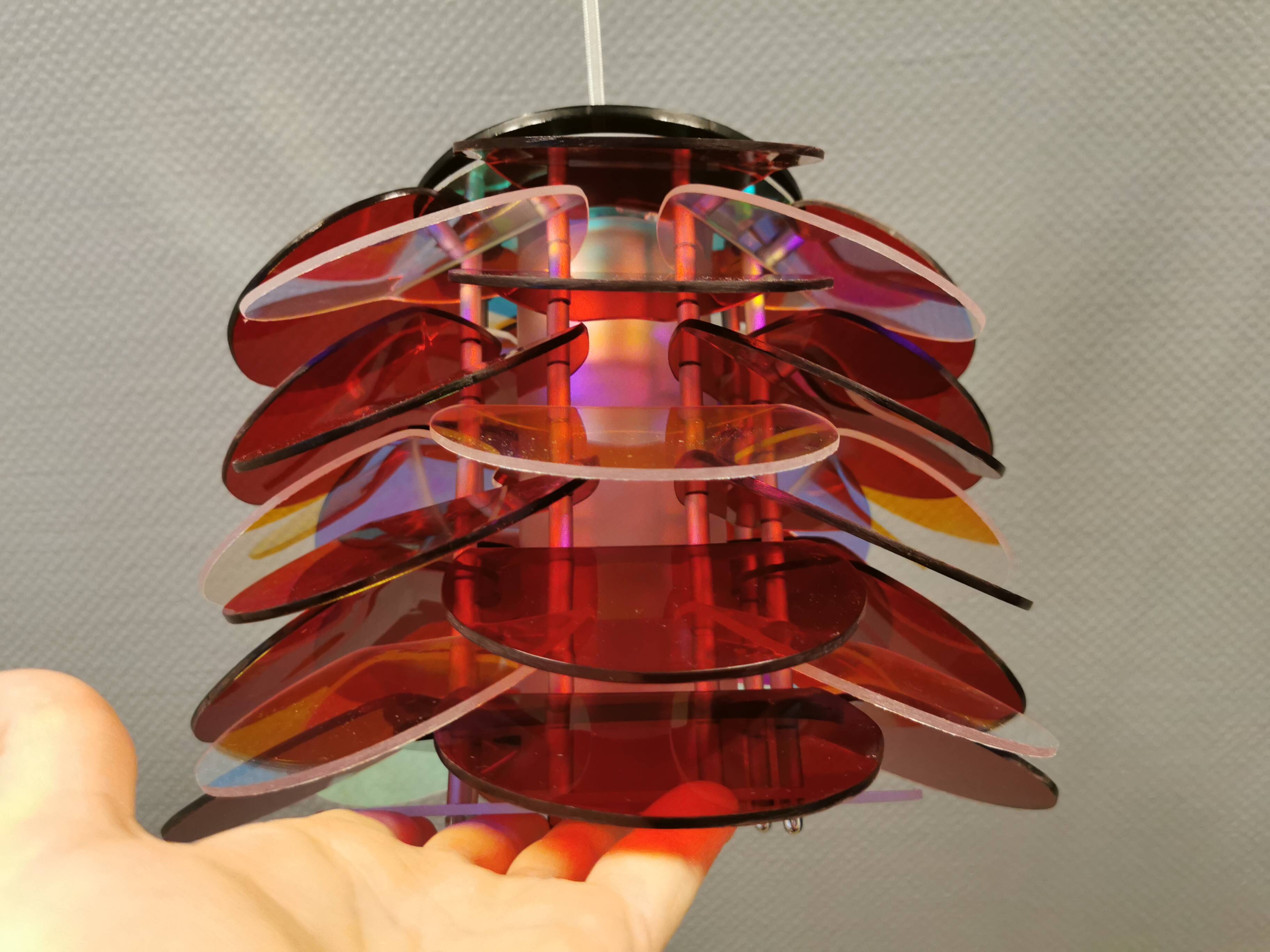 Danish Space Age hanging lamp made of plexiglass "leaves" with mirror reflex