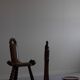 Carved wooden tripod chair with leather seat, Wabi Sabi, early 20th century.