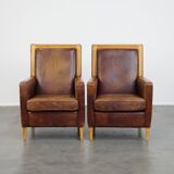 Set of 2 Sheepskin Leather Art Deco Design Armchairs