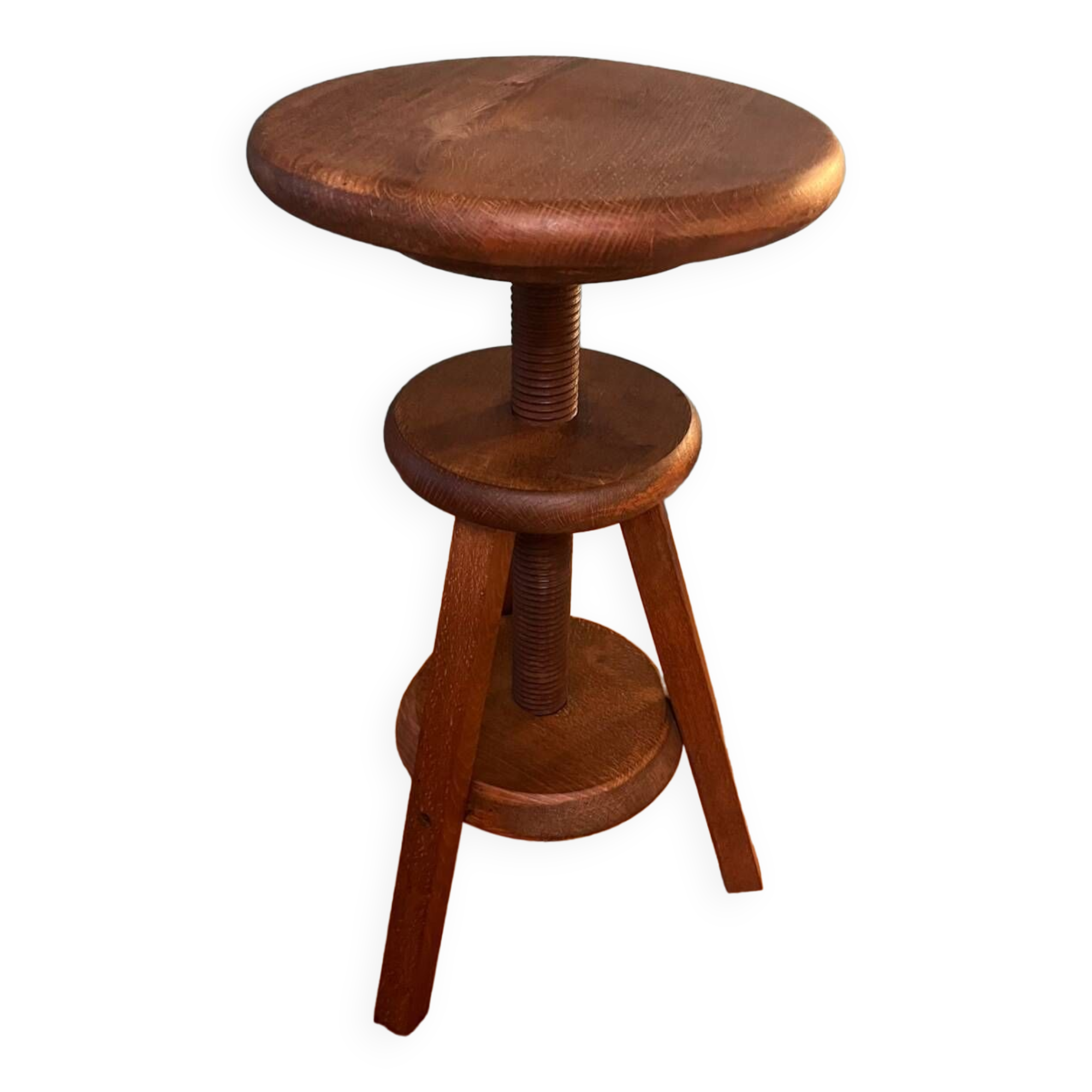 Wooden tripod stool from the 1970s, pivotable and adjustable