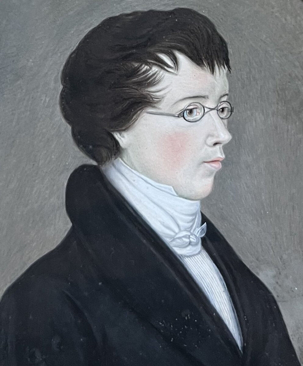 German school (?) of the early 19th century, Portrait of a young man wearing glasses.