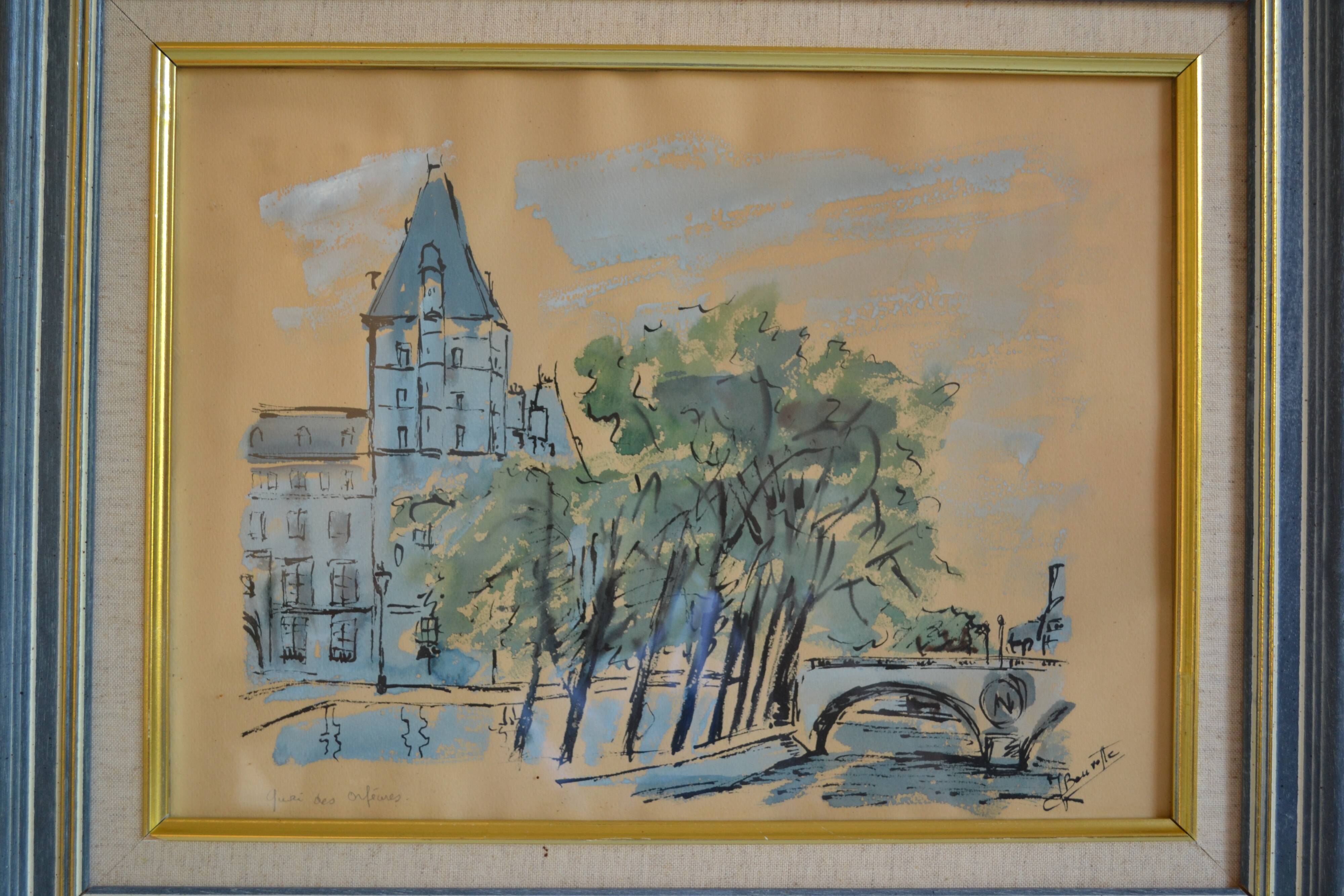 Paris the quai des orfèvres and the pont saint michel painting framed under glass