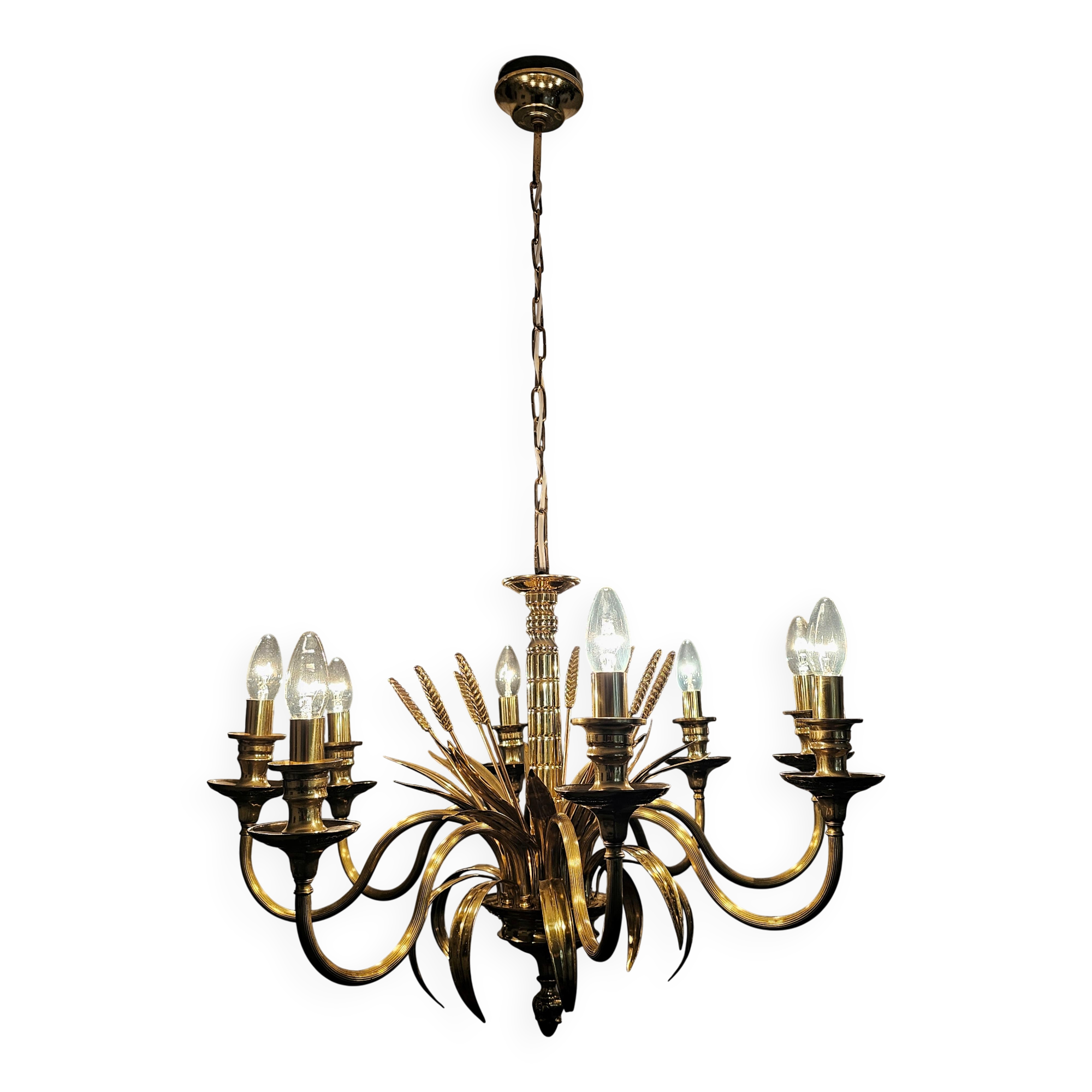 Lustre Hollywood Regency 8 bras dorés avec oreilles de blé, 1970