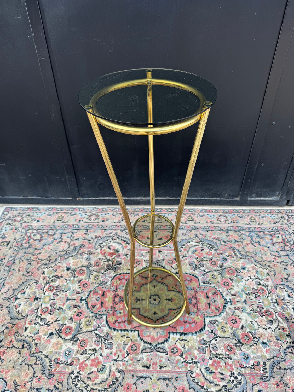 Golden tripod stand with smoked glass from the 1970s.