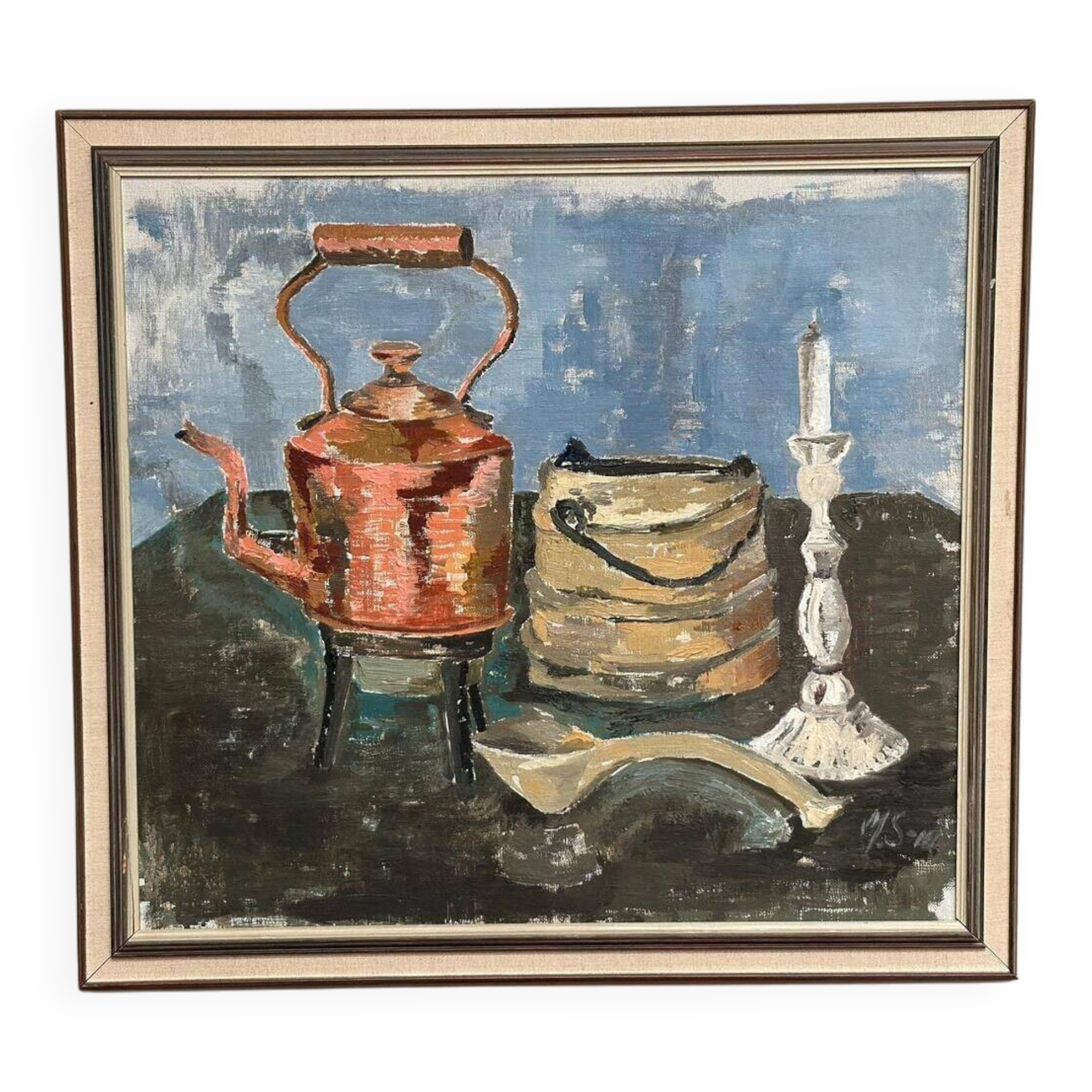 Original Mid Century Swedish Oil On Panel – “Still Life” By Ms – Vintage & Framed 66 × 61 Cm (26" × 24")