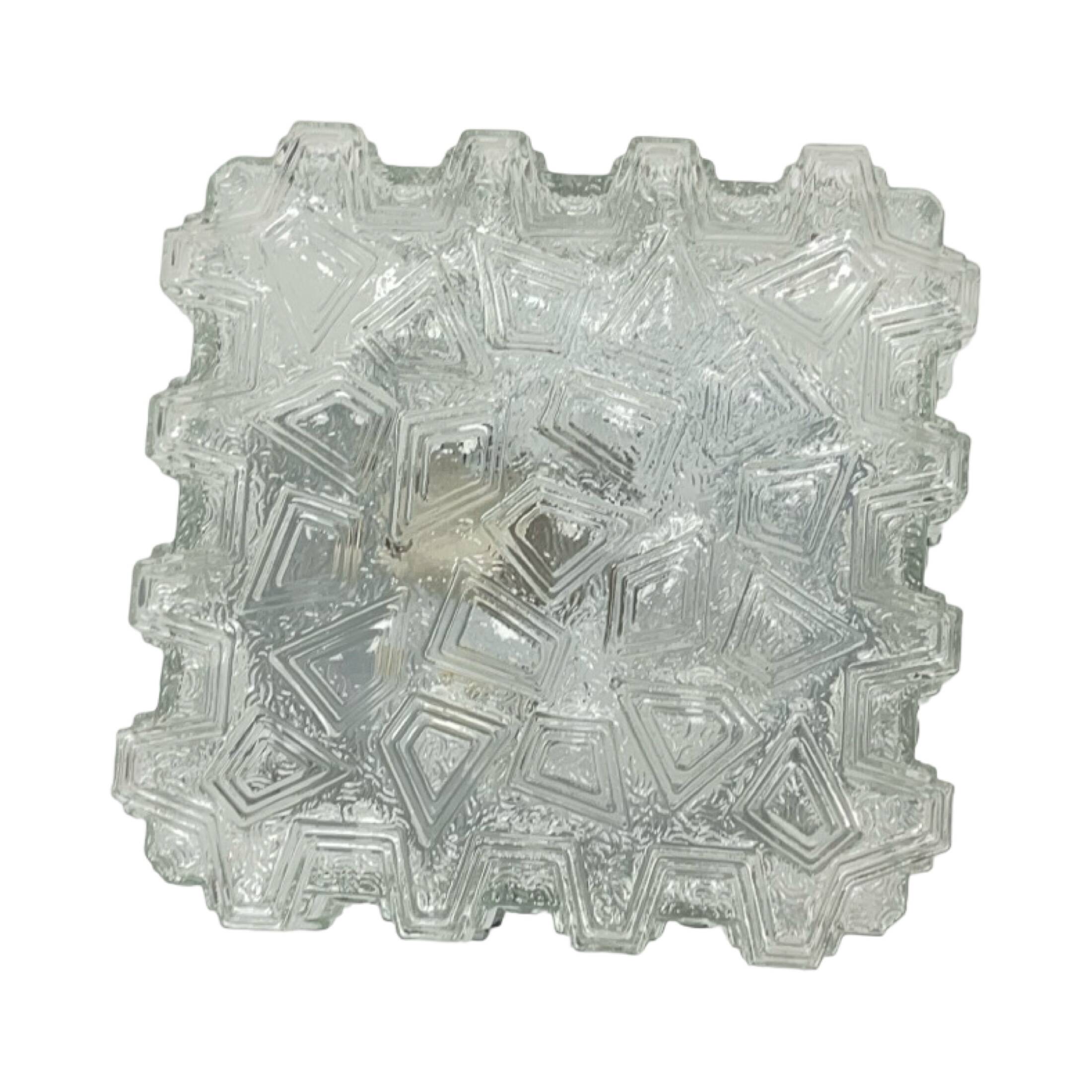 1970s square Hillebrand ceiling light made of thick pressed glass.