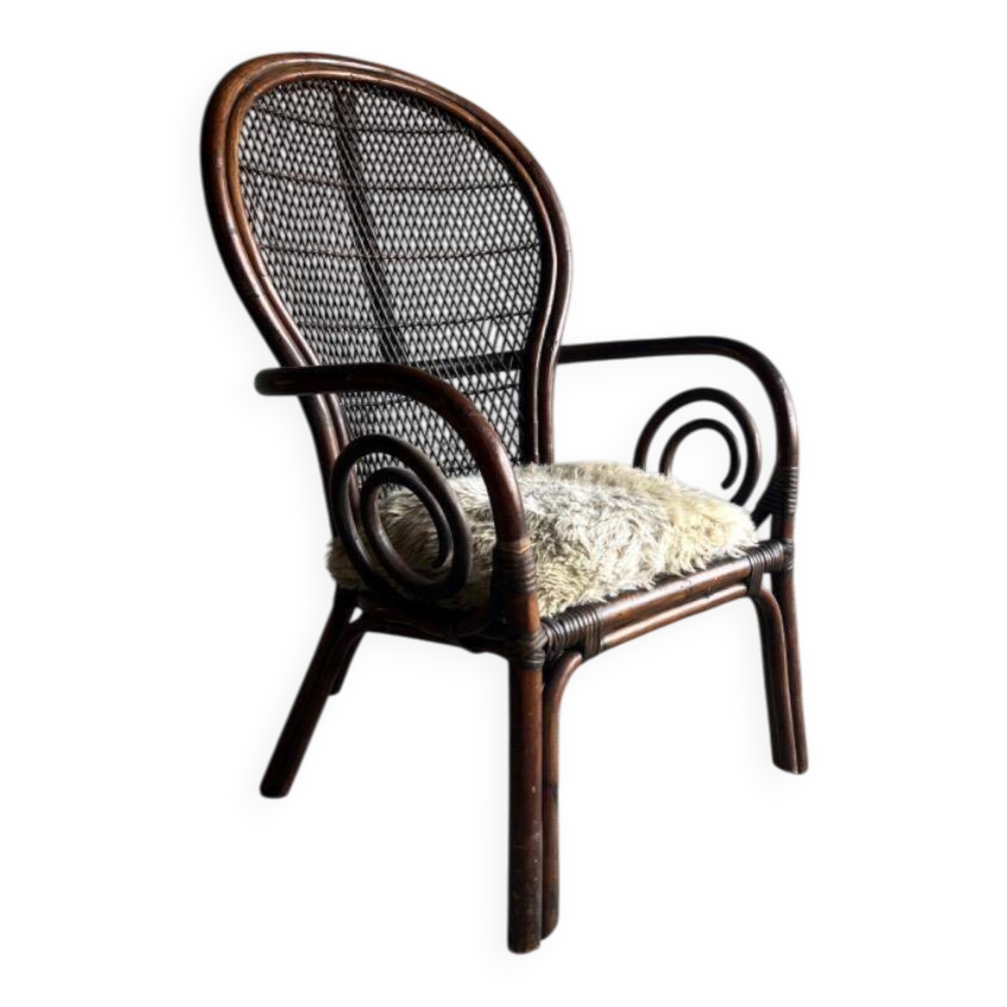 Mid-century Manou dark brown bamboo armchair with open rattan backrest, 1960s French