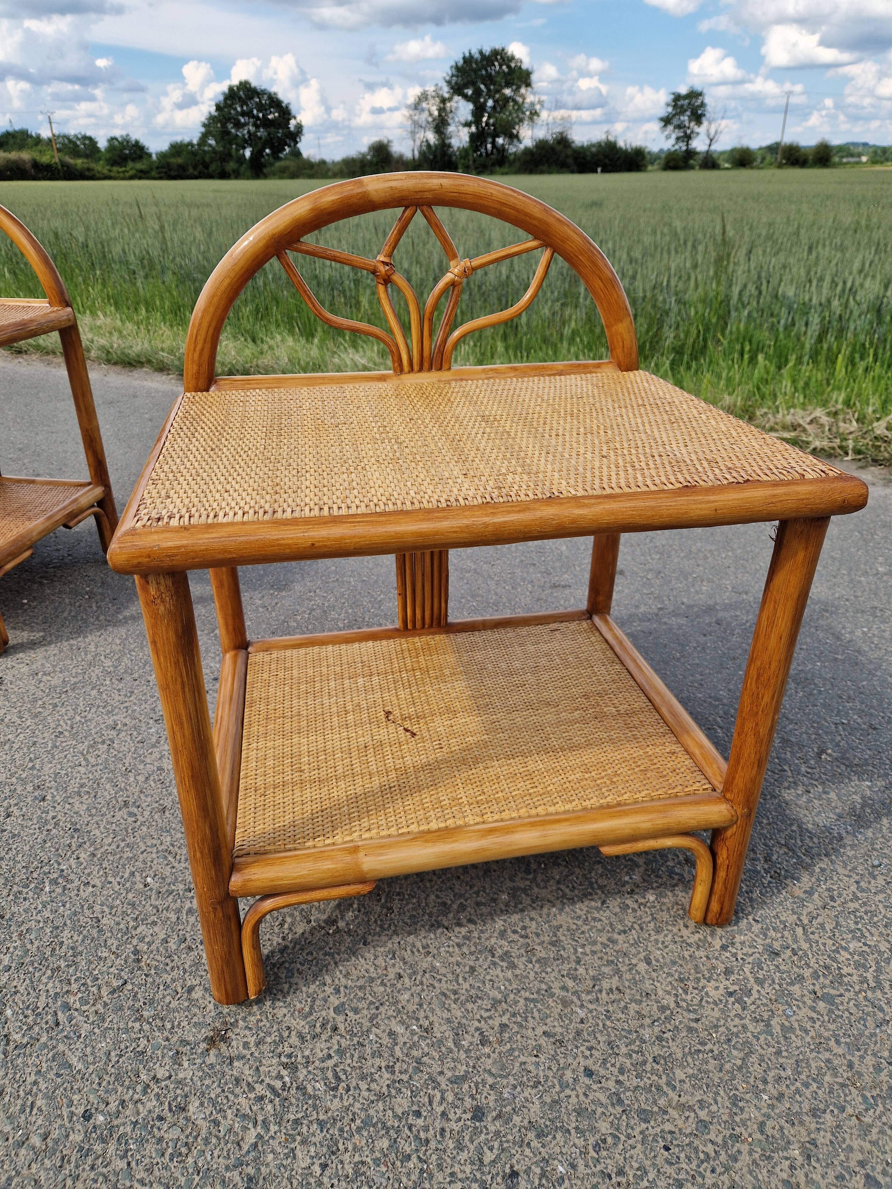 Pair of bedside tables in wood and woven straw - around 1960.