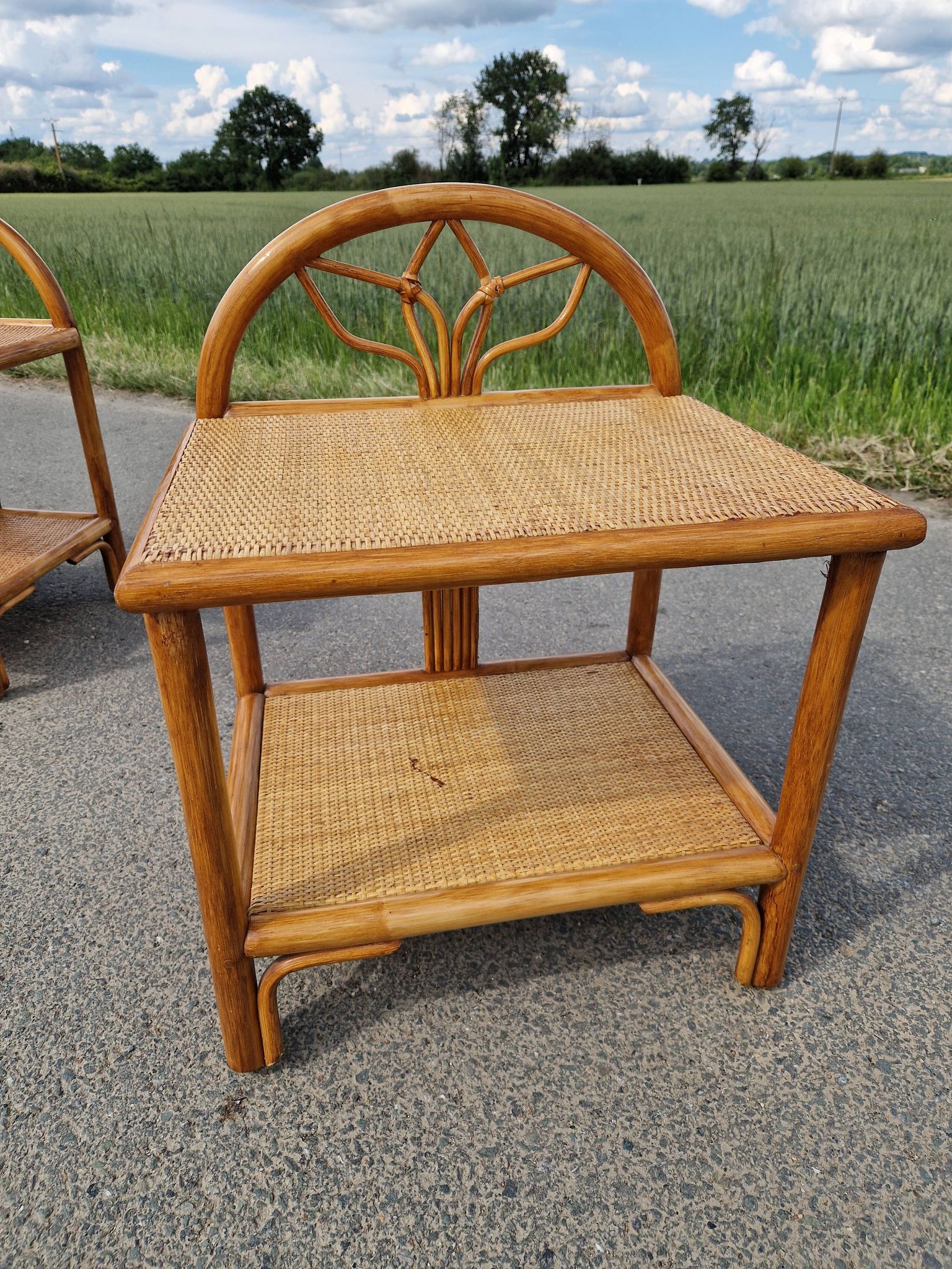 Pair of bedside tables in wood and woven straw - around 1960.