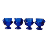 4 coquetiers en forme de poule en verre bleu cobalt