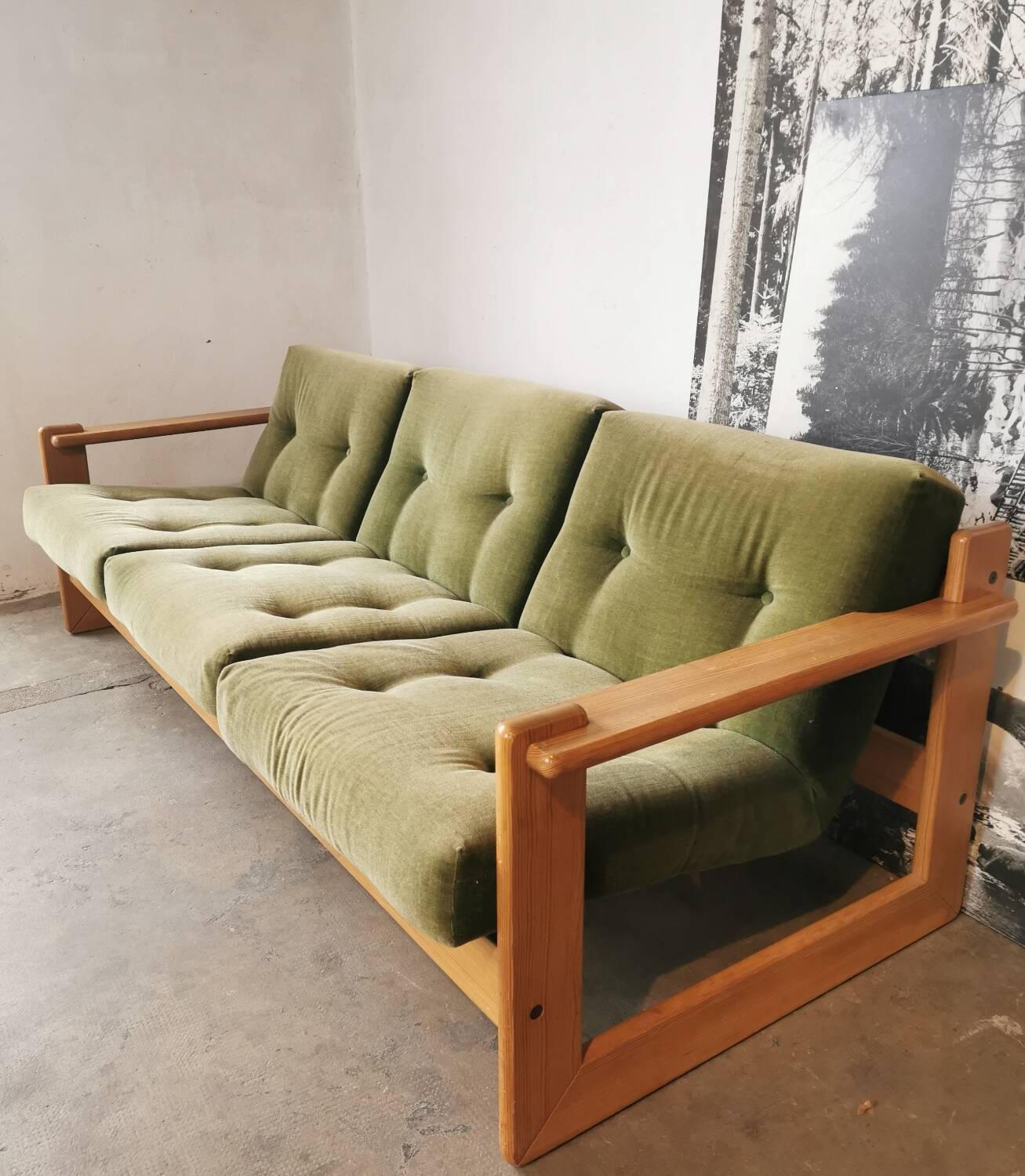 Scandinavian velvet and wood sofa