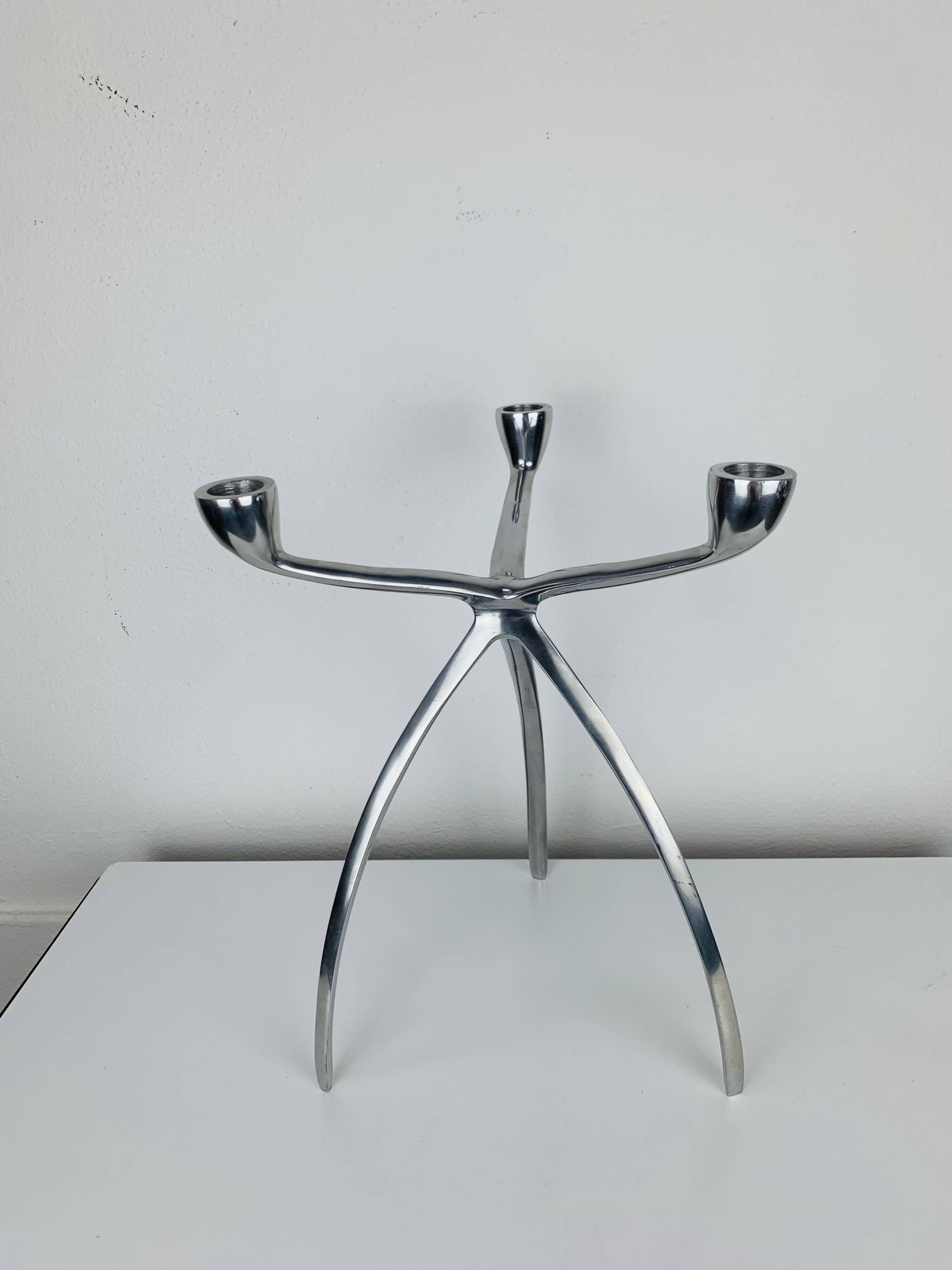 Space Age tripod candle holder by De Bijenkorf in aluminum, 1970s