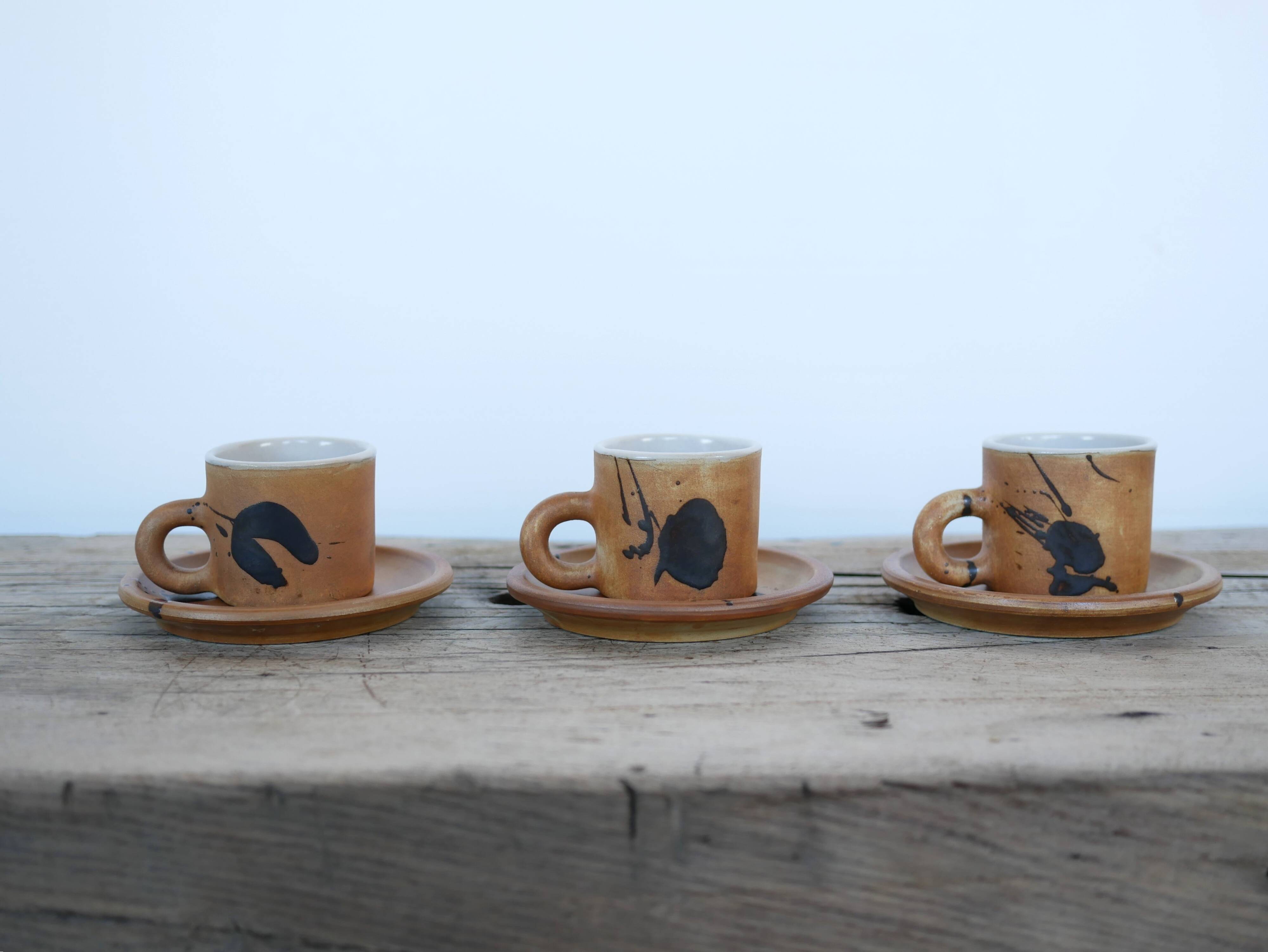 Series of 3 vintage stoneware cups and saucers by Madeleine Brault for Poterie de la Colombe