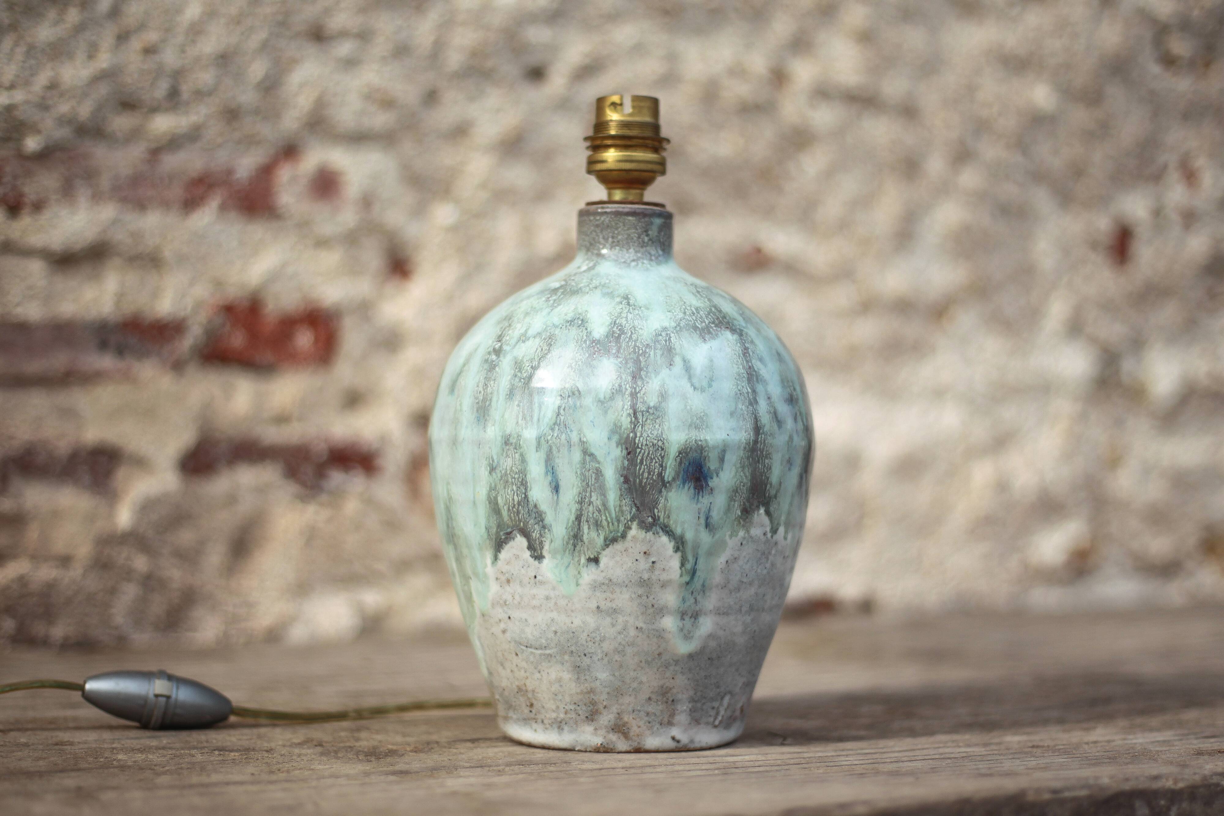 Vintage blue/grey glazed stoneware lamp, round lamp base, lamp stand.