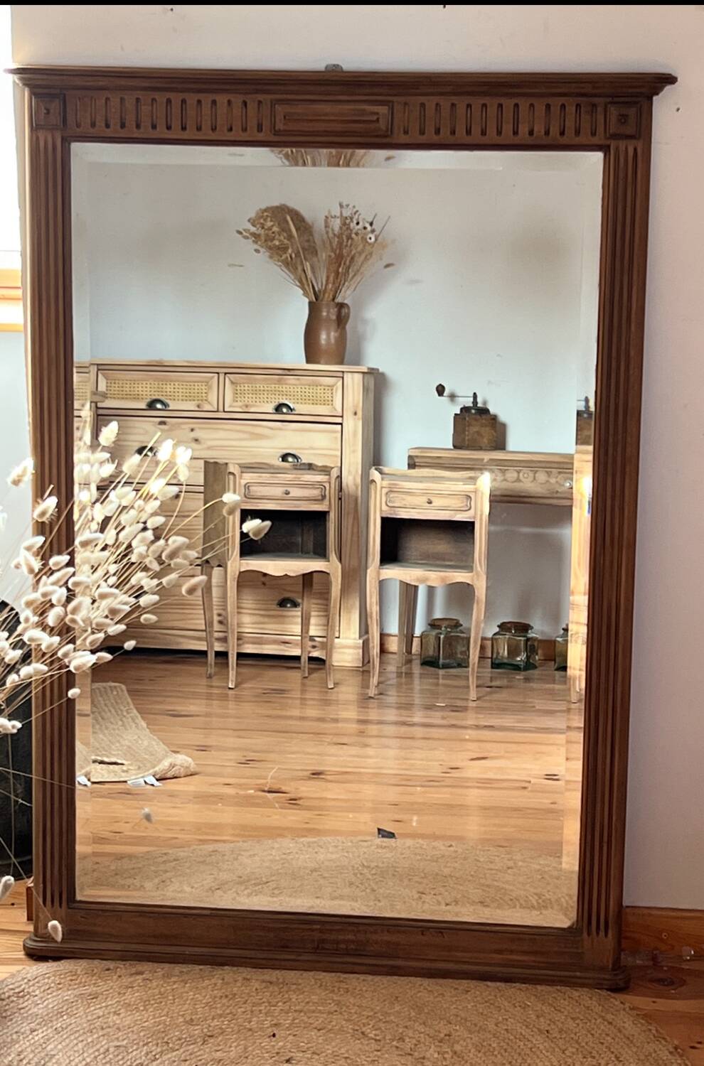 Large antique mirror in raw solid oak