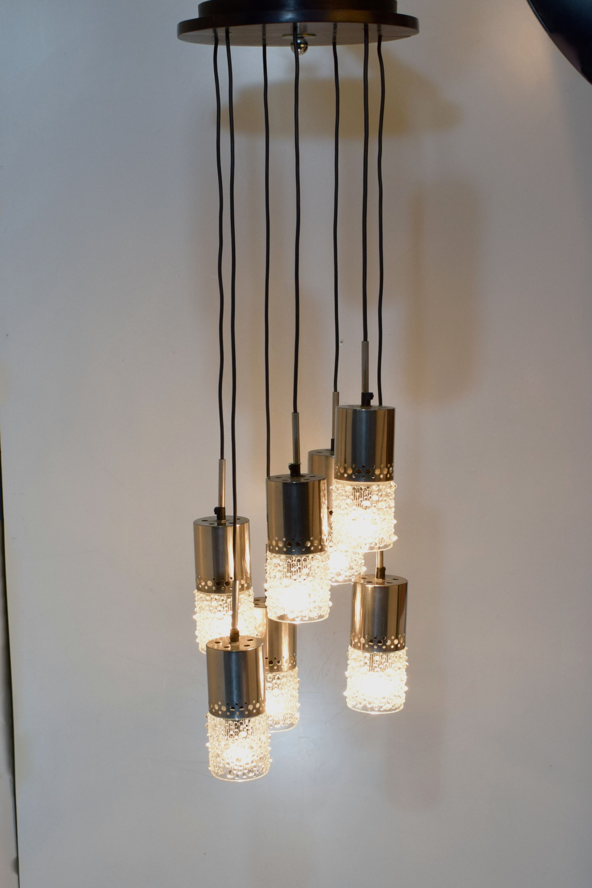 Vintage waterfall chandelier, 7 chrome and glass