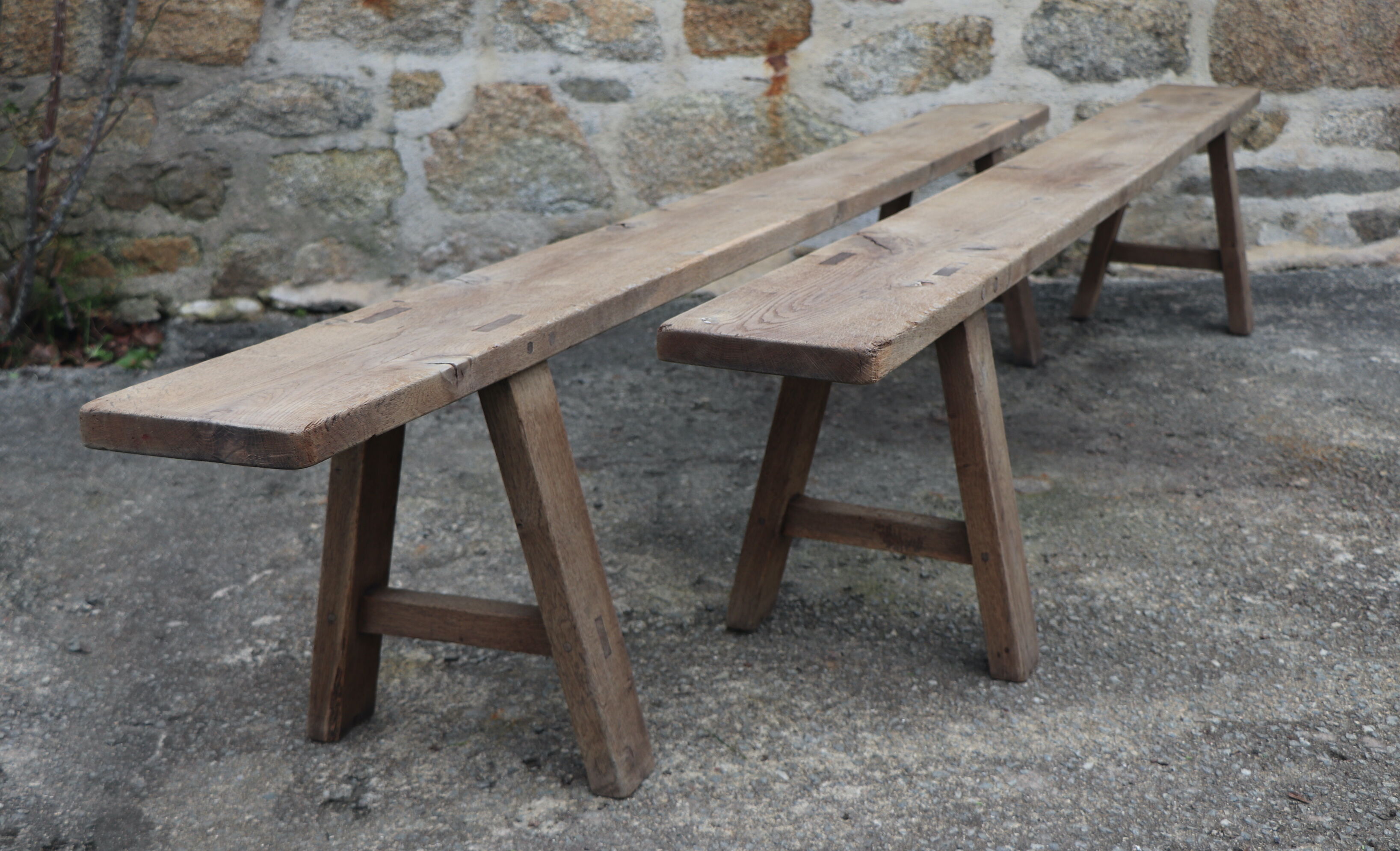 Pair of large solid wood benches XIXth