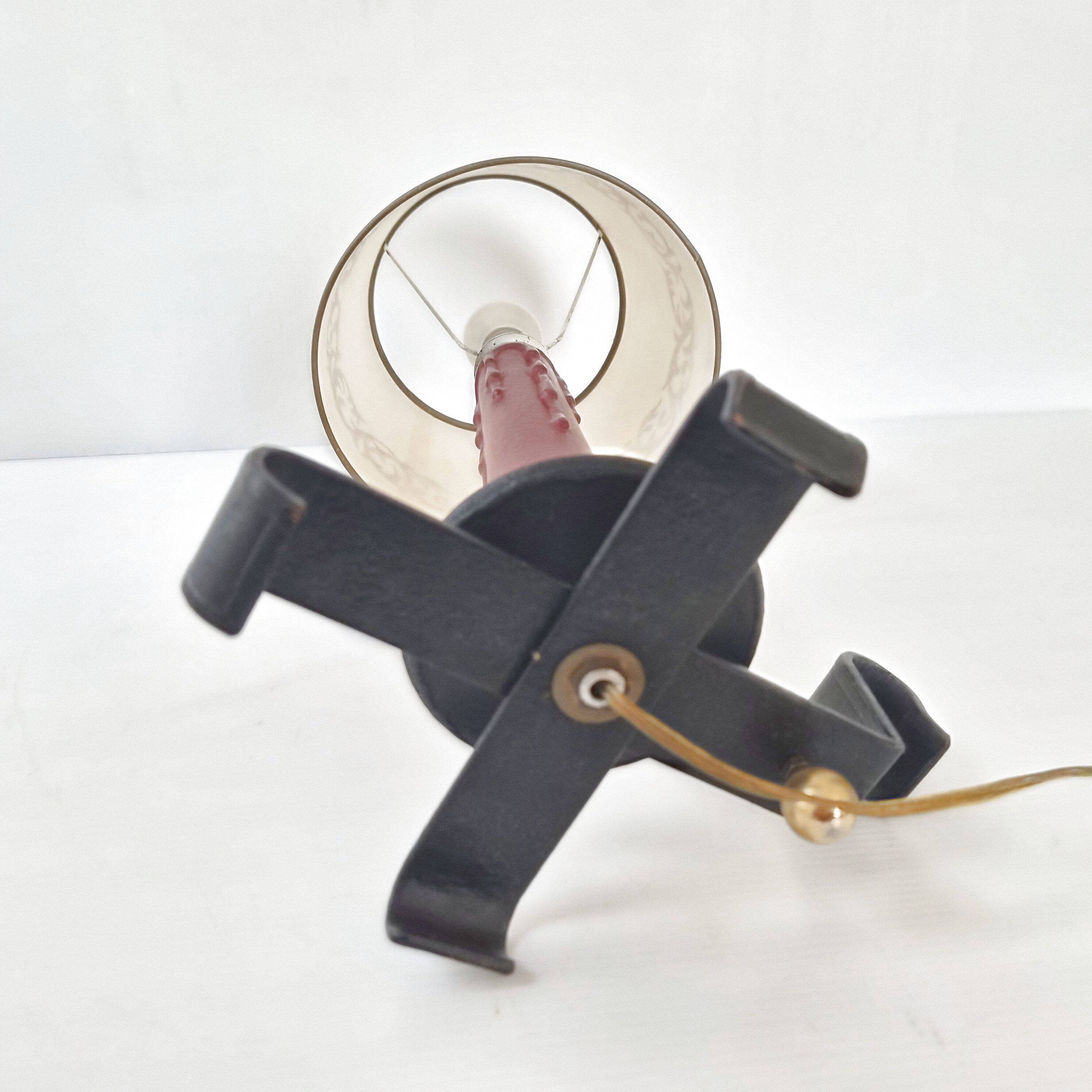 Vintage lamp in burgundy and black leather 1950