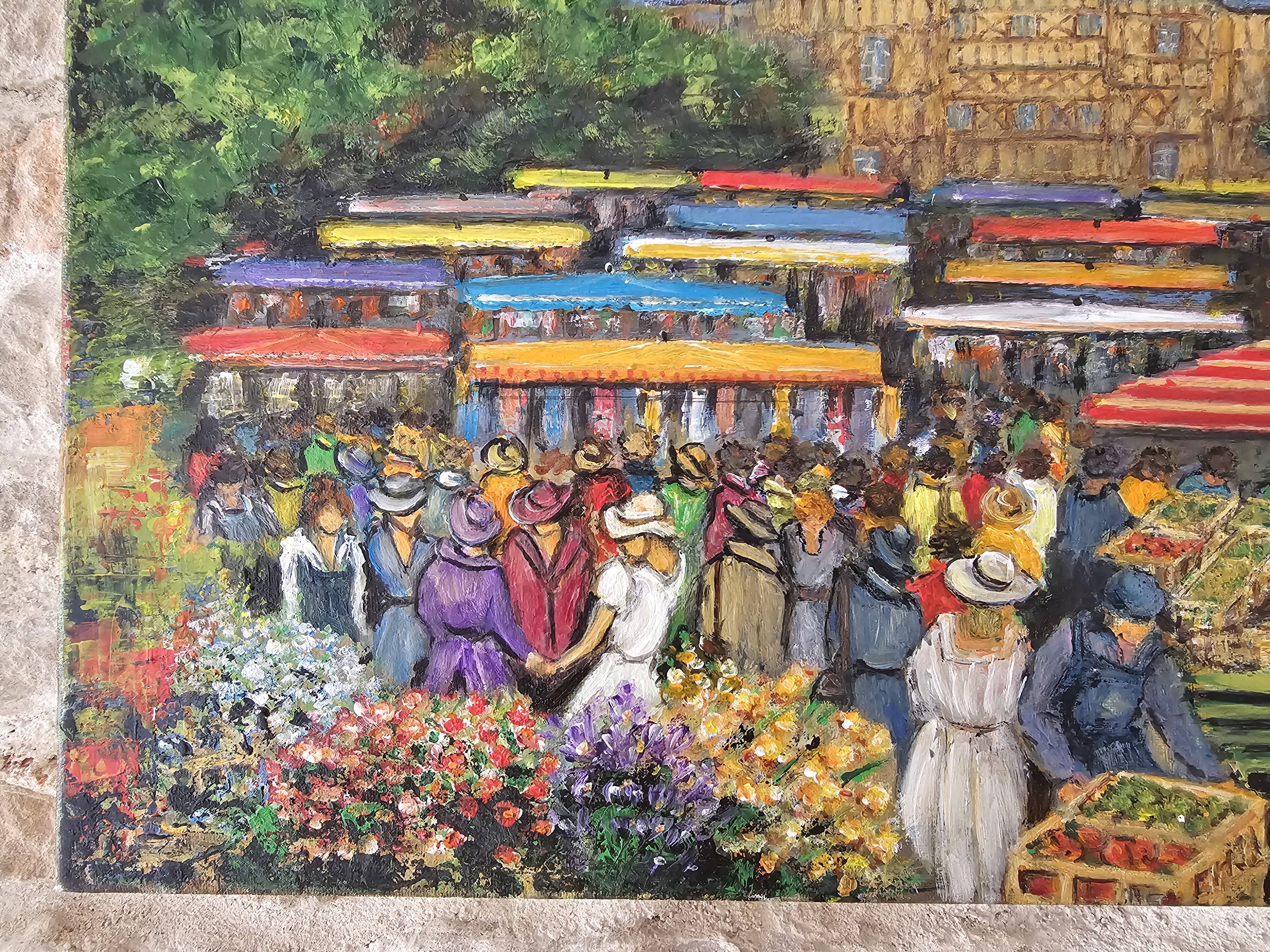 Tableau Huile sur Toile - Paysage marché Breton Signé Chateaugiron