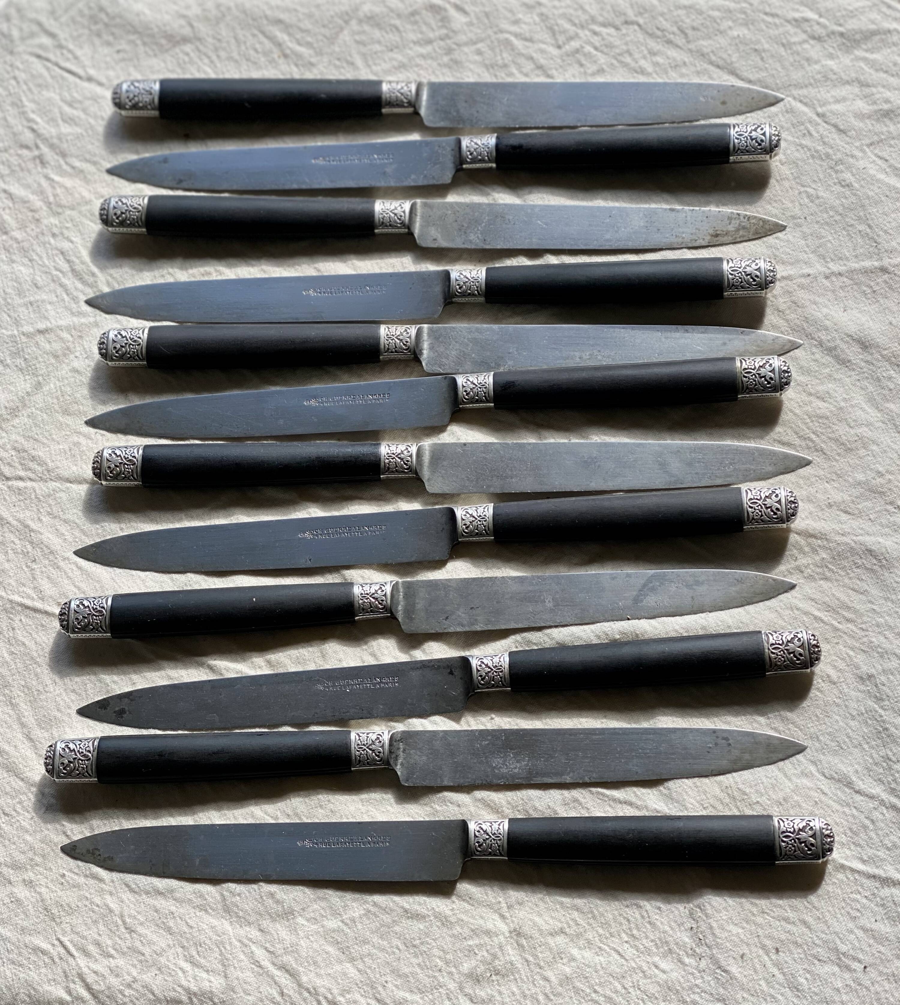 Set of 12 19th century table knives with ebony and chiseled silver handles