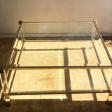Square plexiglass coffee table, brass and glass Pierre Vandel