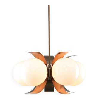 Lustre italien vintage en cuivre et opaline, années 1970