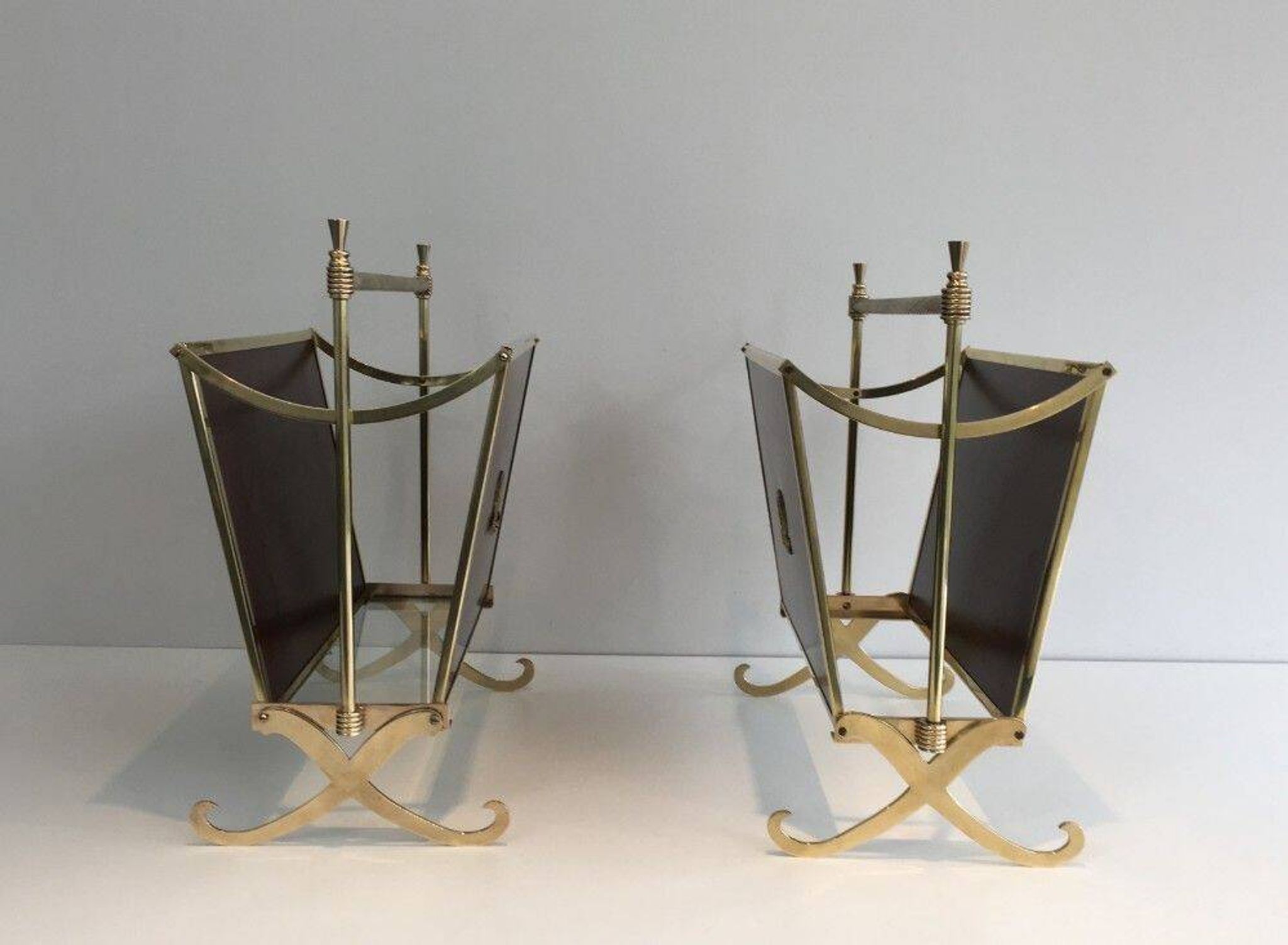 Pair of mahogany and brass magazine racks. Maison Jansen
