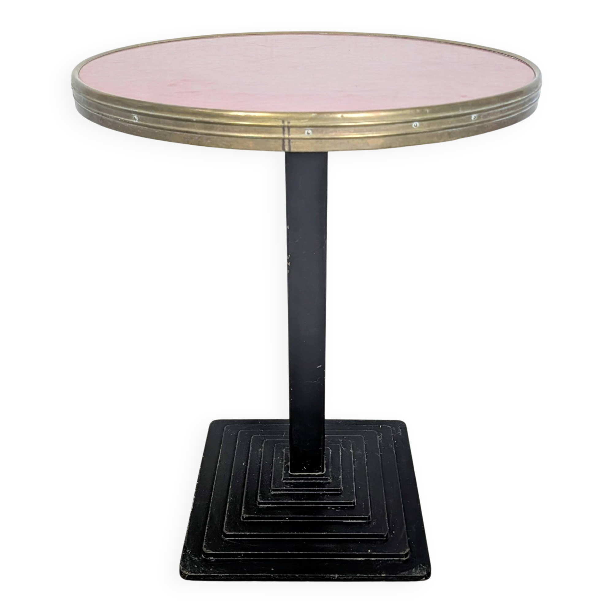 Pink and brass bistro table, Art Deco pyramidal base.