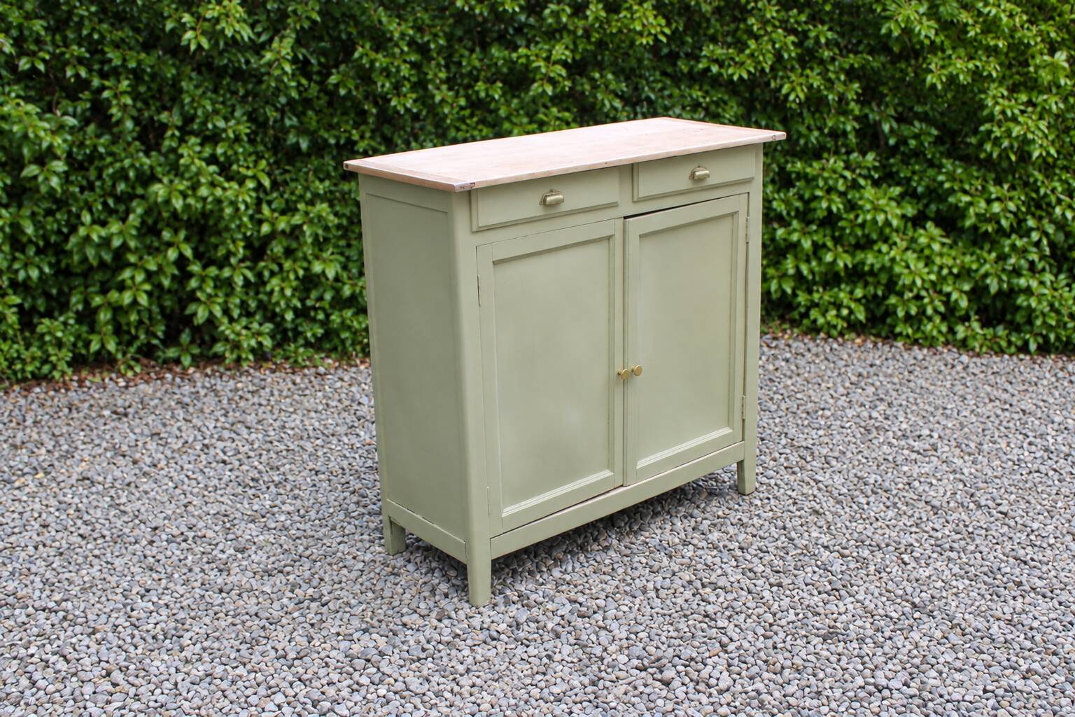 Renovated old Parisian buffet – Clay Green Envie & wooden top – 99 cm