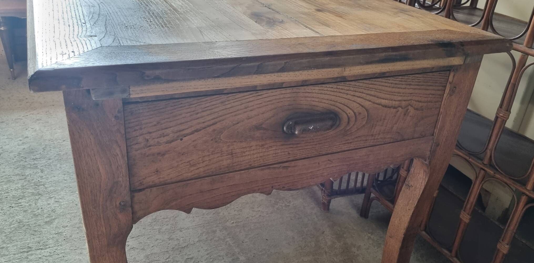 Solid oak farmhouse table, one drawer, vintage, early 20th century.