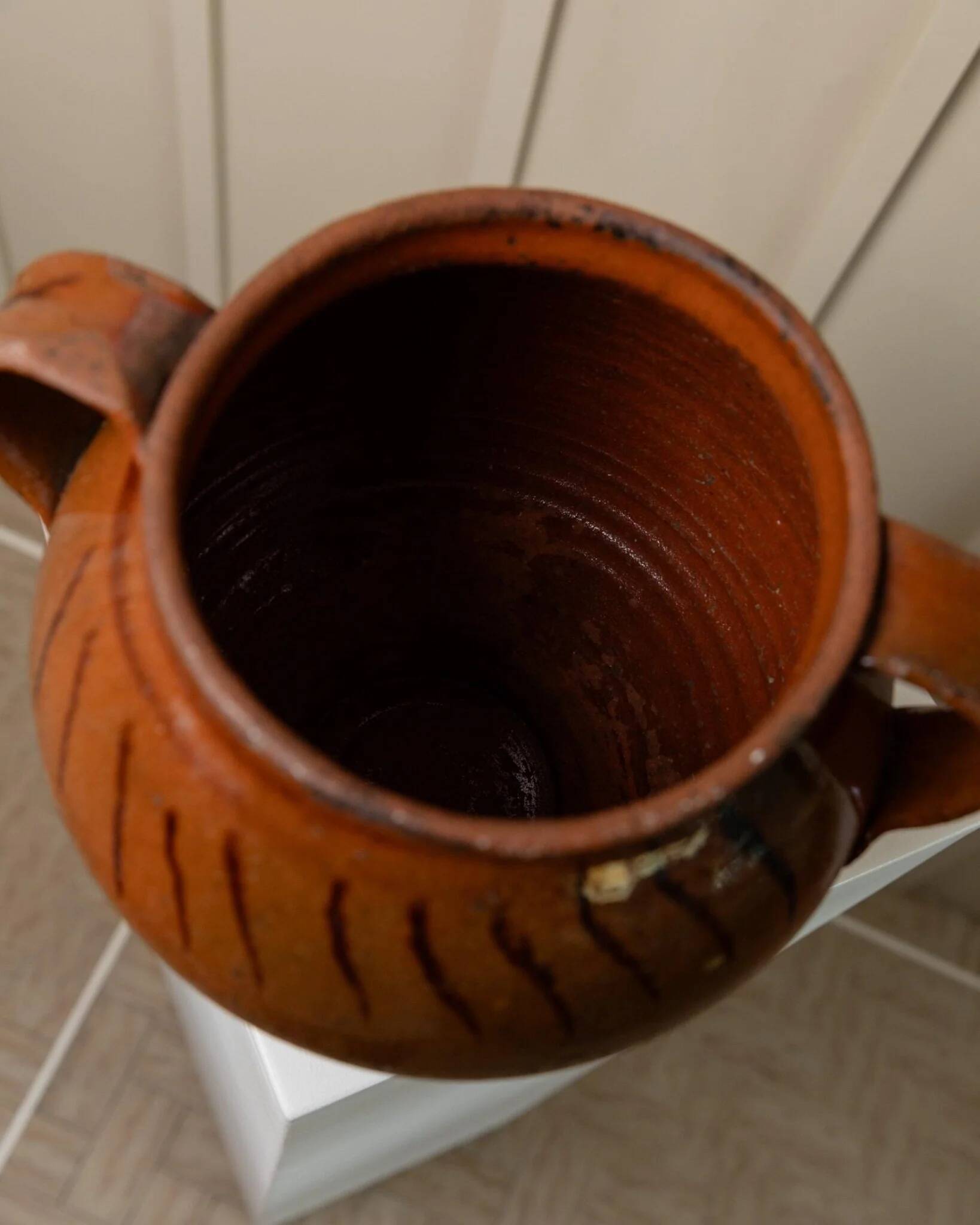 Antique rustic brown terracotta ceramic confit pot with twin handles, 19th-century Italy, farmhouse vase decor