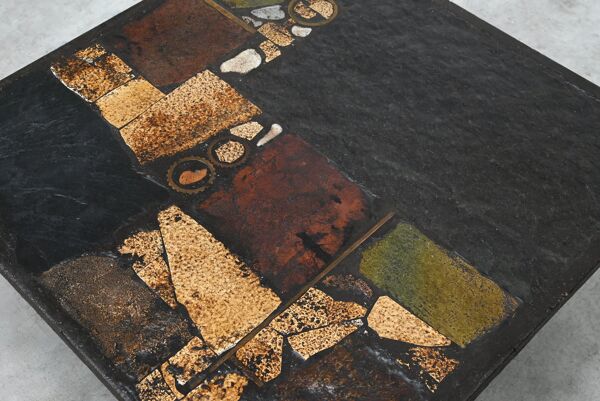 Table basse en ardoise, pierre et laiton incrusté de Paul Kingma, années 1970