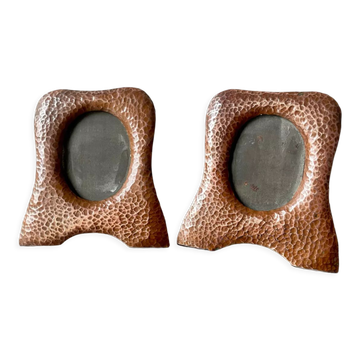 Pair of antique art nouveau copper metal photo frame  hammered copper