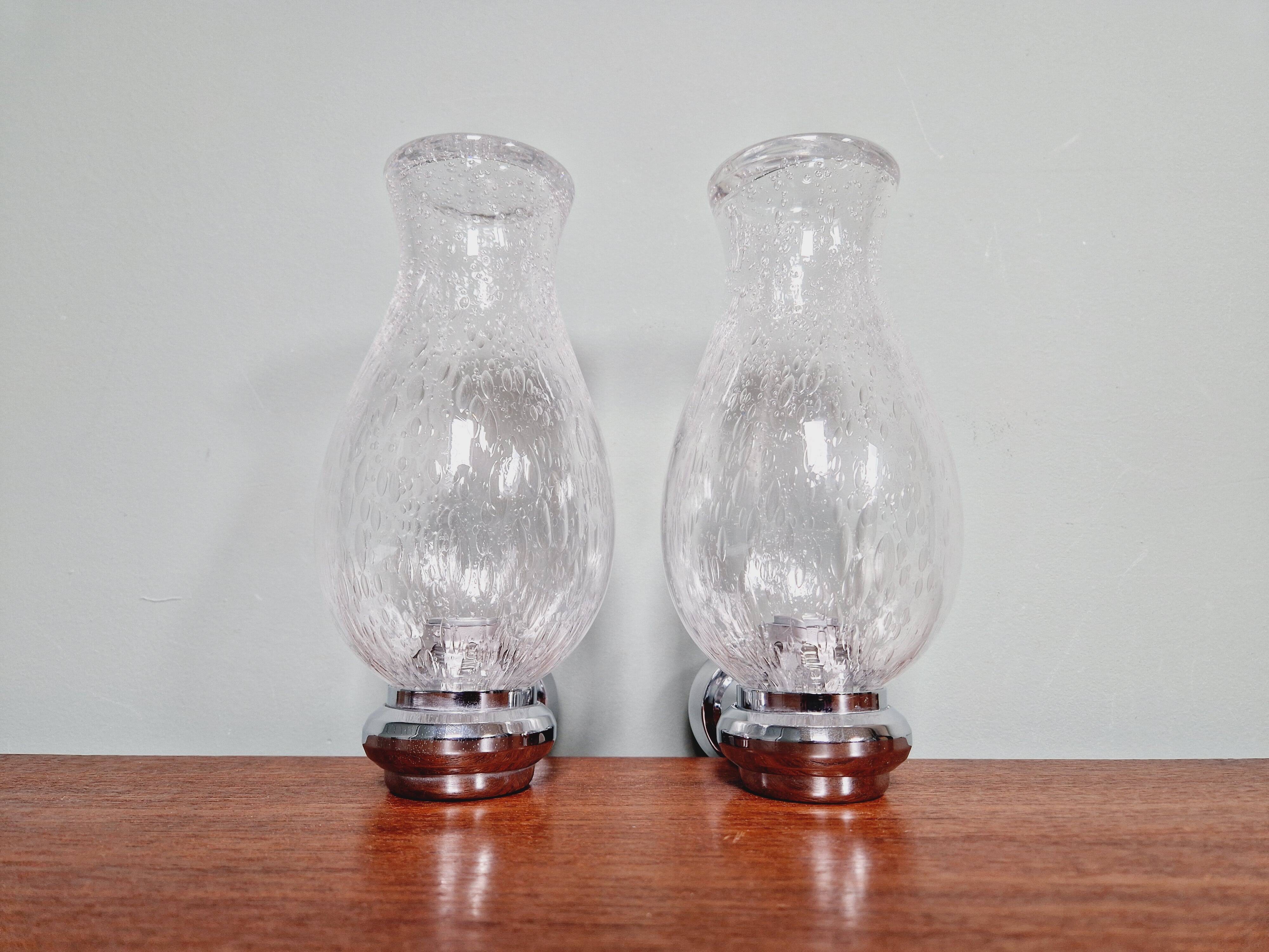 Pair of blown glass and chrome-plated metal wall lights, 1970s