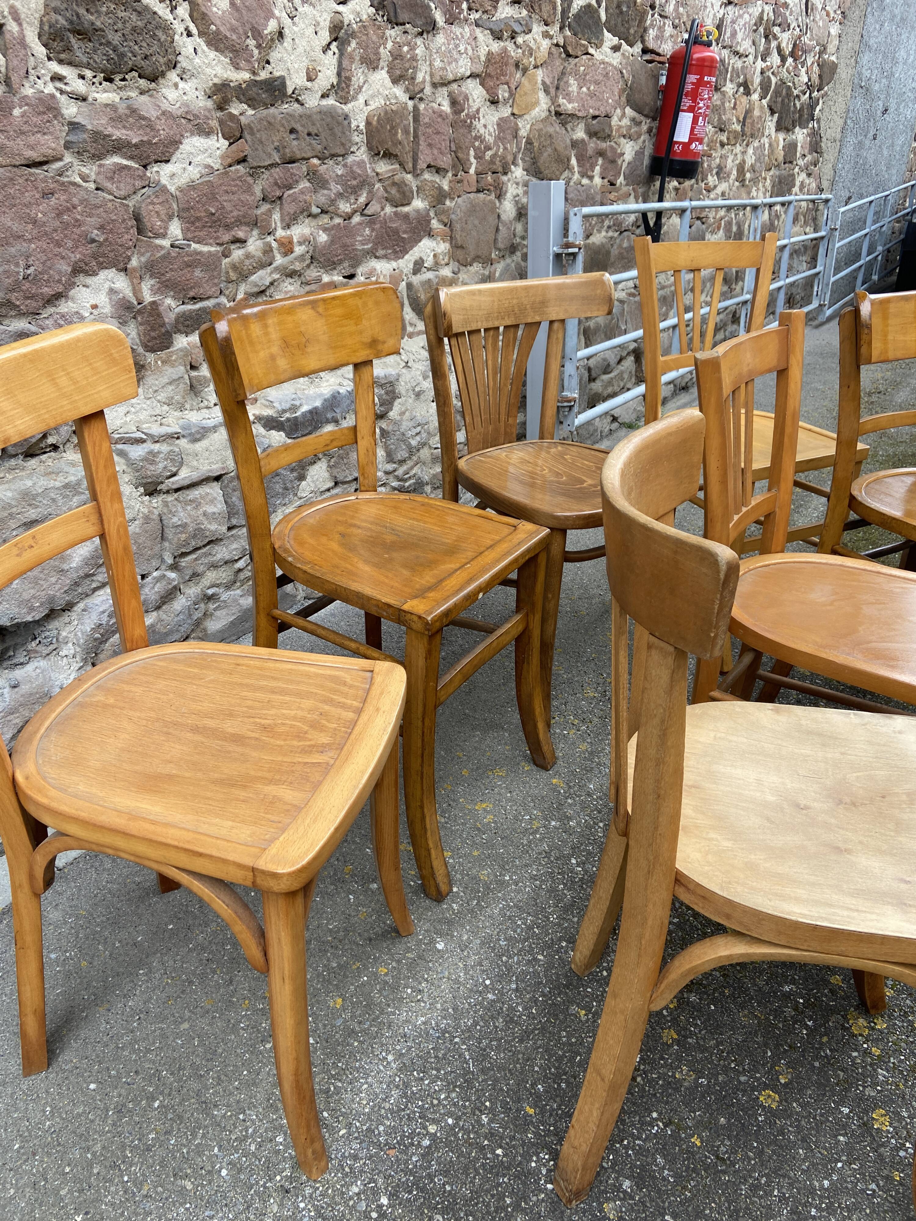 Set of 10 mismatched bistro restaurant chairs 1960 curved wood brasserie