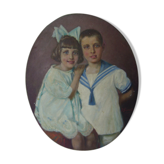 Portraits d'enfants peints à l'huile sur toile ovale ancienne