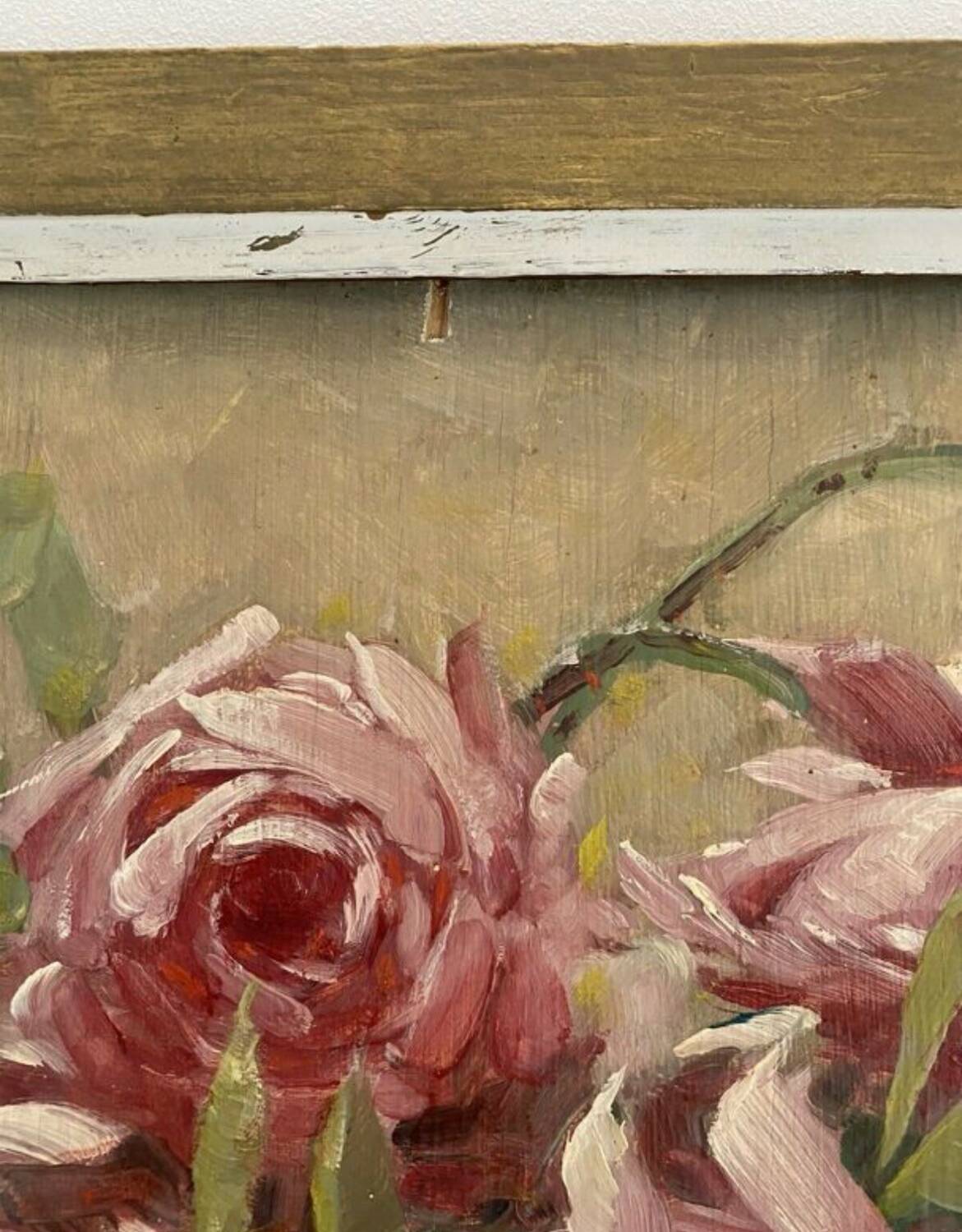 Oil painting on panel of a bouquet of roses signed by Paul Fauvelles 1943.