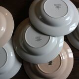 6 mismatched soup plates Digoin Sarreguemines red blue pink