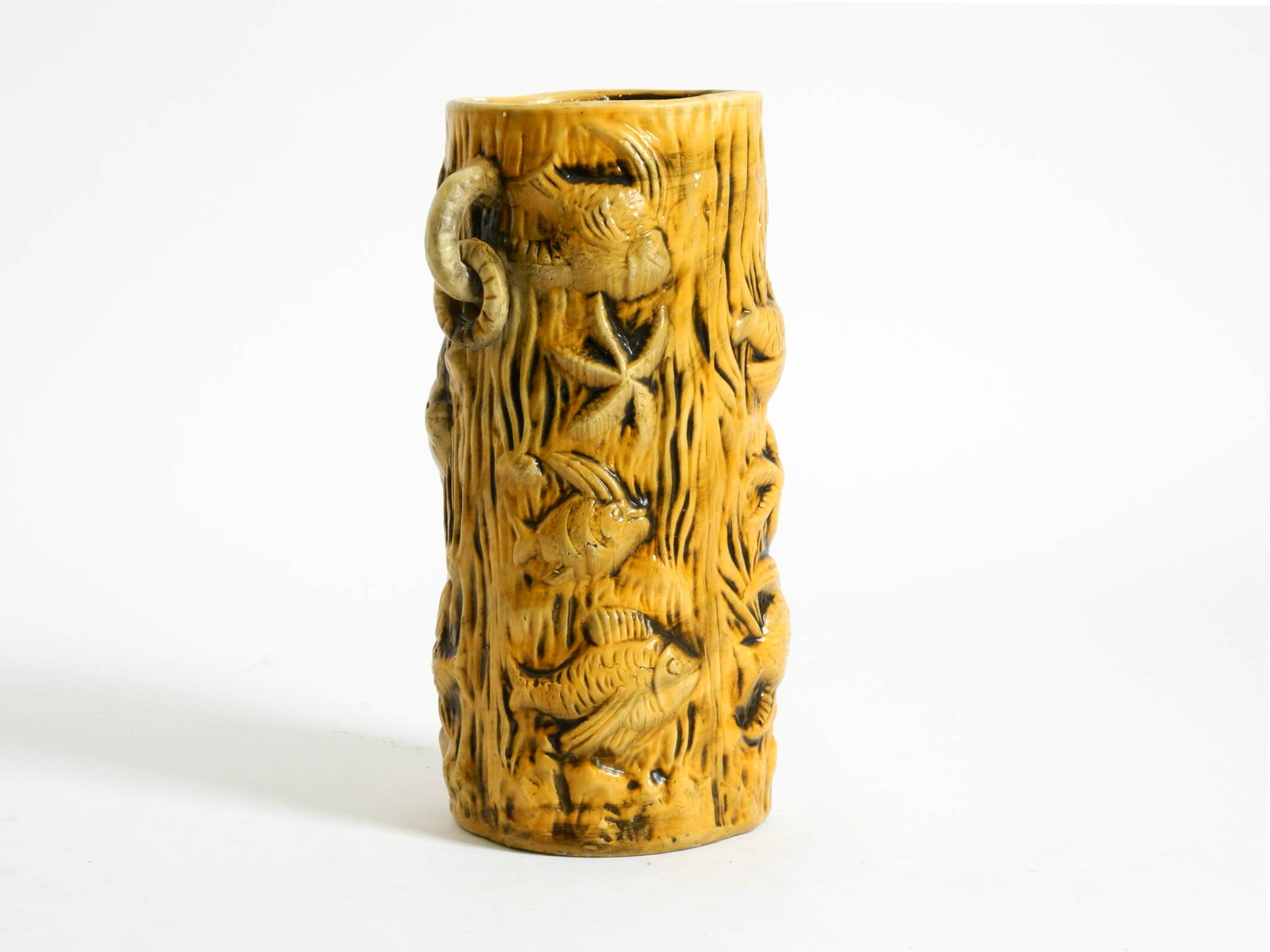 Large handmade glazed ceramic floor vase, handled vase with maritime motifs