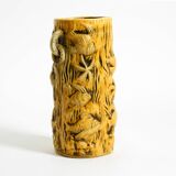 Large handmade glazed ceramic floor vase, handled vase with maritime motifs