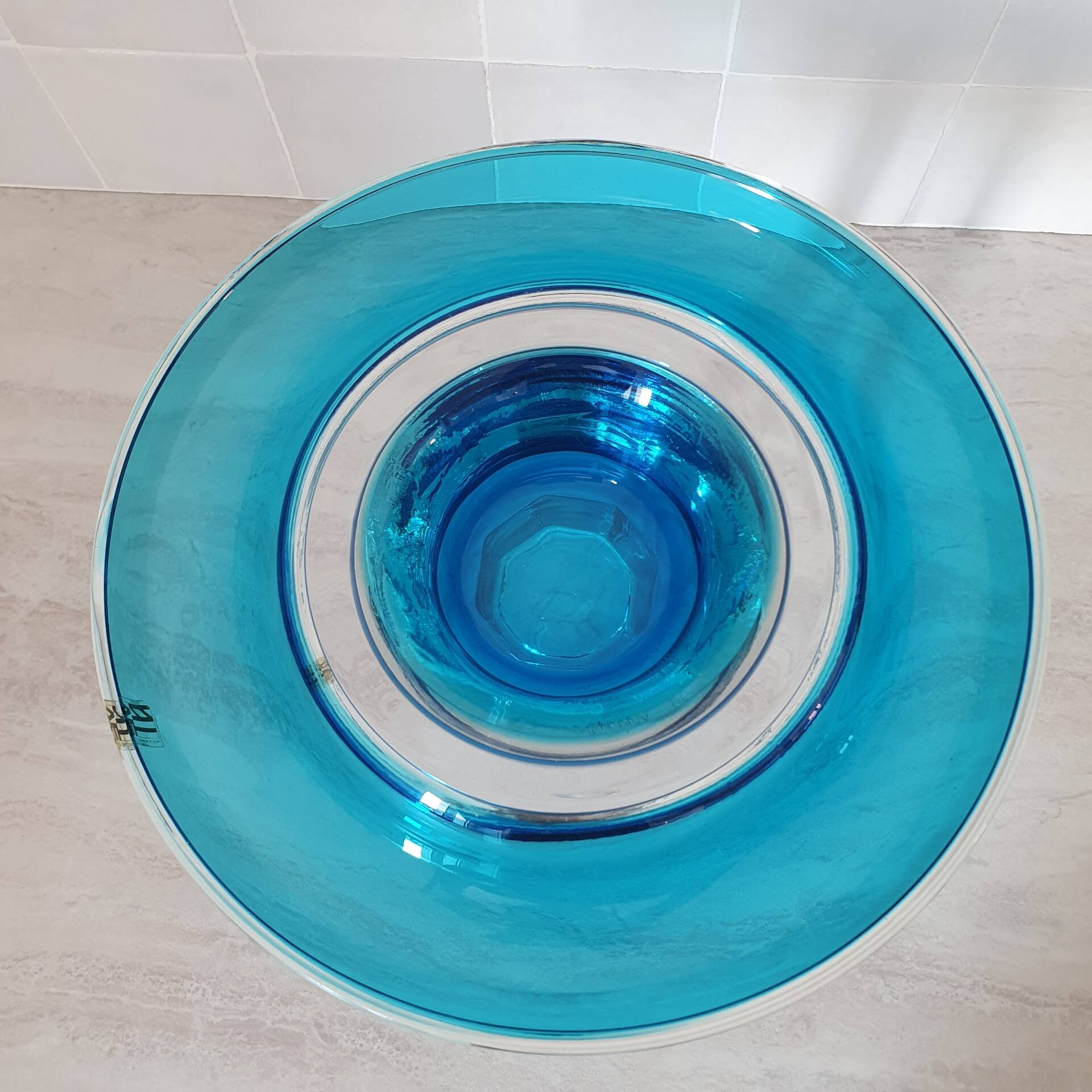 Round blue Murano glass bowl by Venini / signed