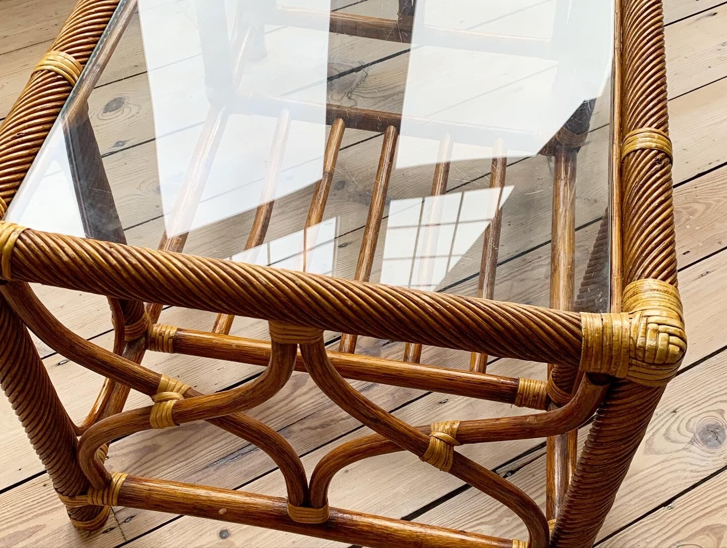 Bamboo rattan glass mid century coffee table