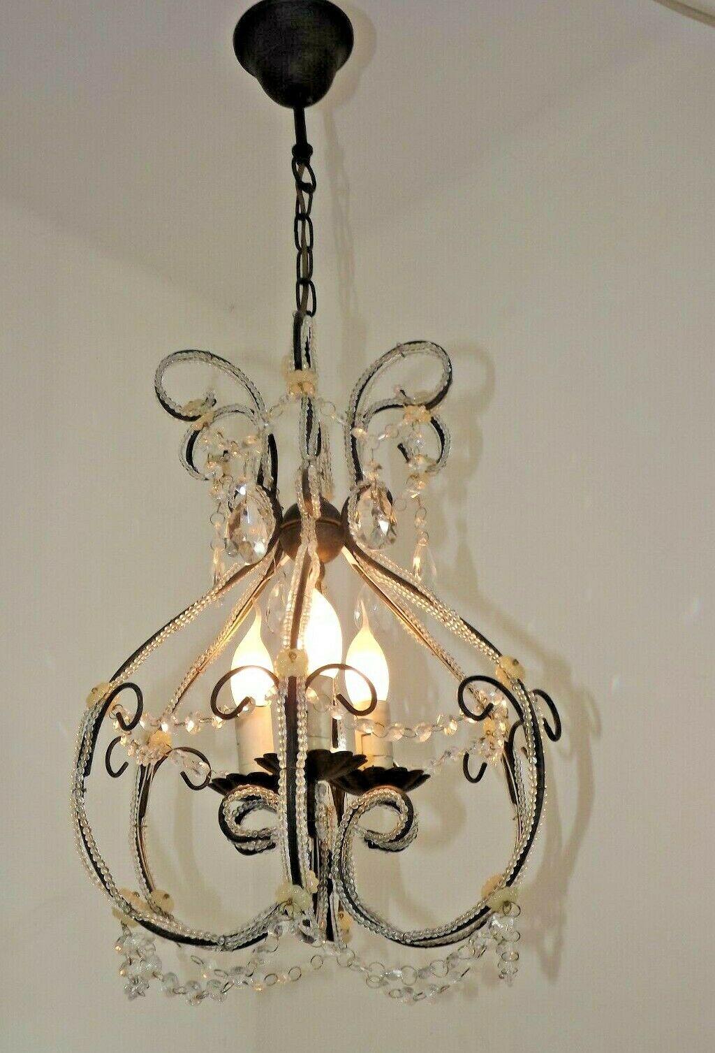 French Parisian Chic Black 3 Light Crystal Beaded 6 Sided Cage Chandelier 3620